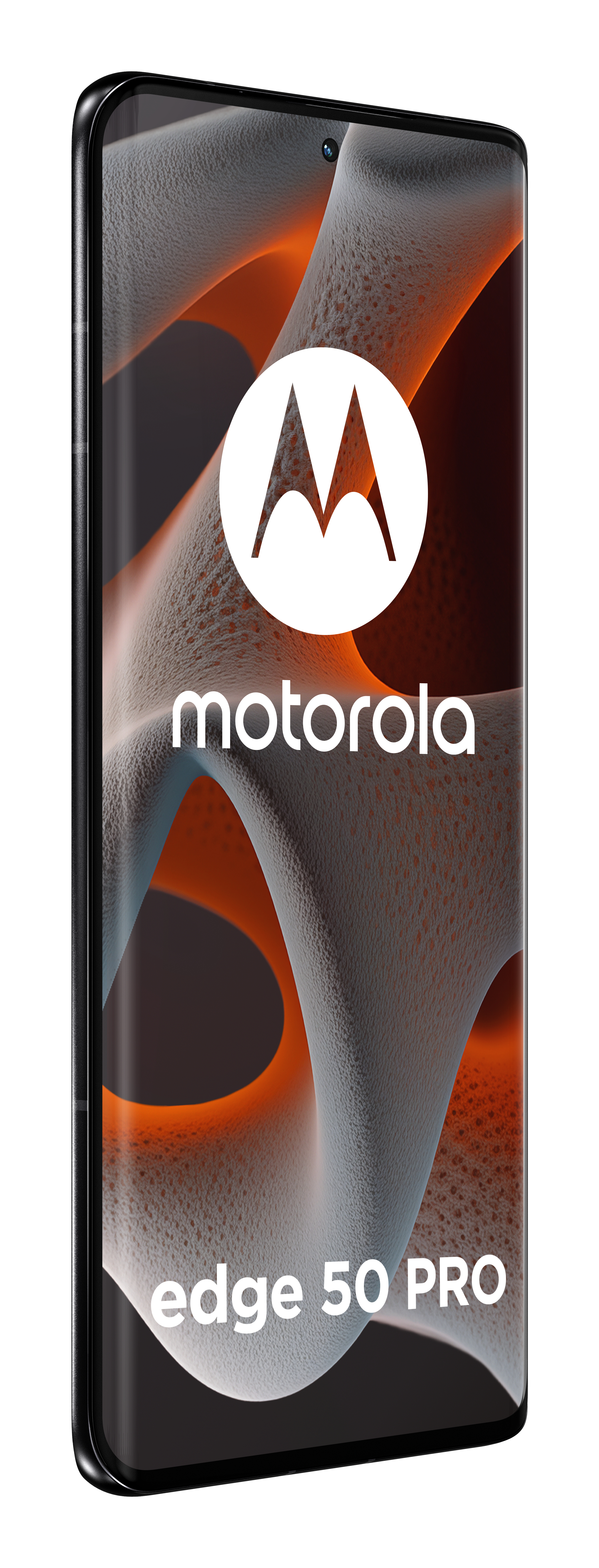 Smartfon Motorola Edge 50 Pro, czarna ramka, białe logo, pomarańczowe tło.