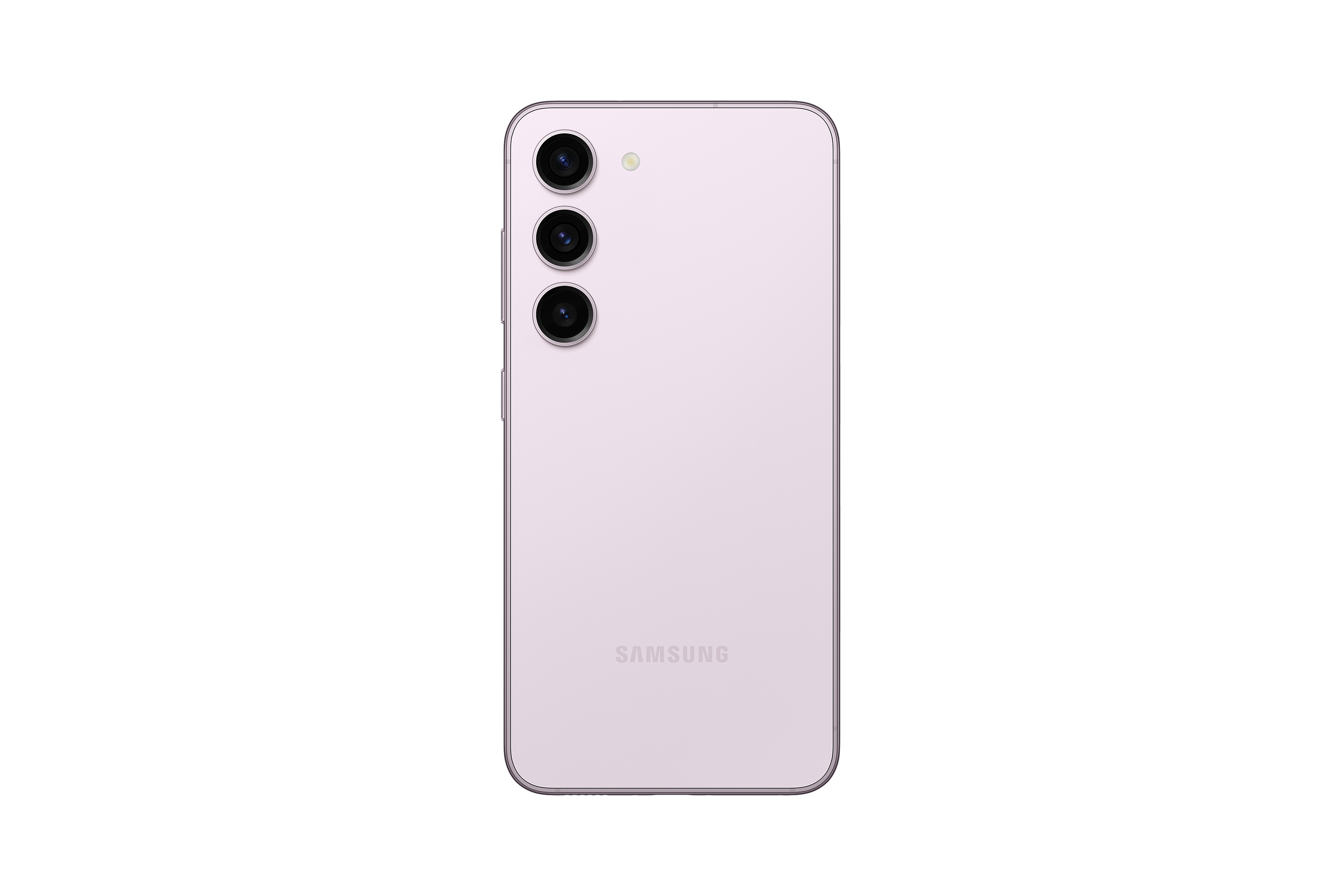 Achterkant van een lichtpaarse Samsung telefoon met drie verticaal uitgelijnde camera's.