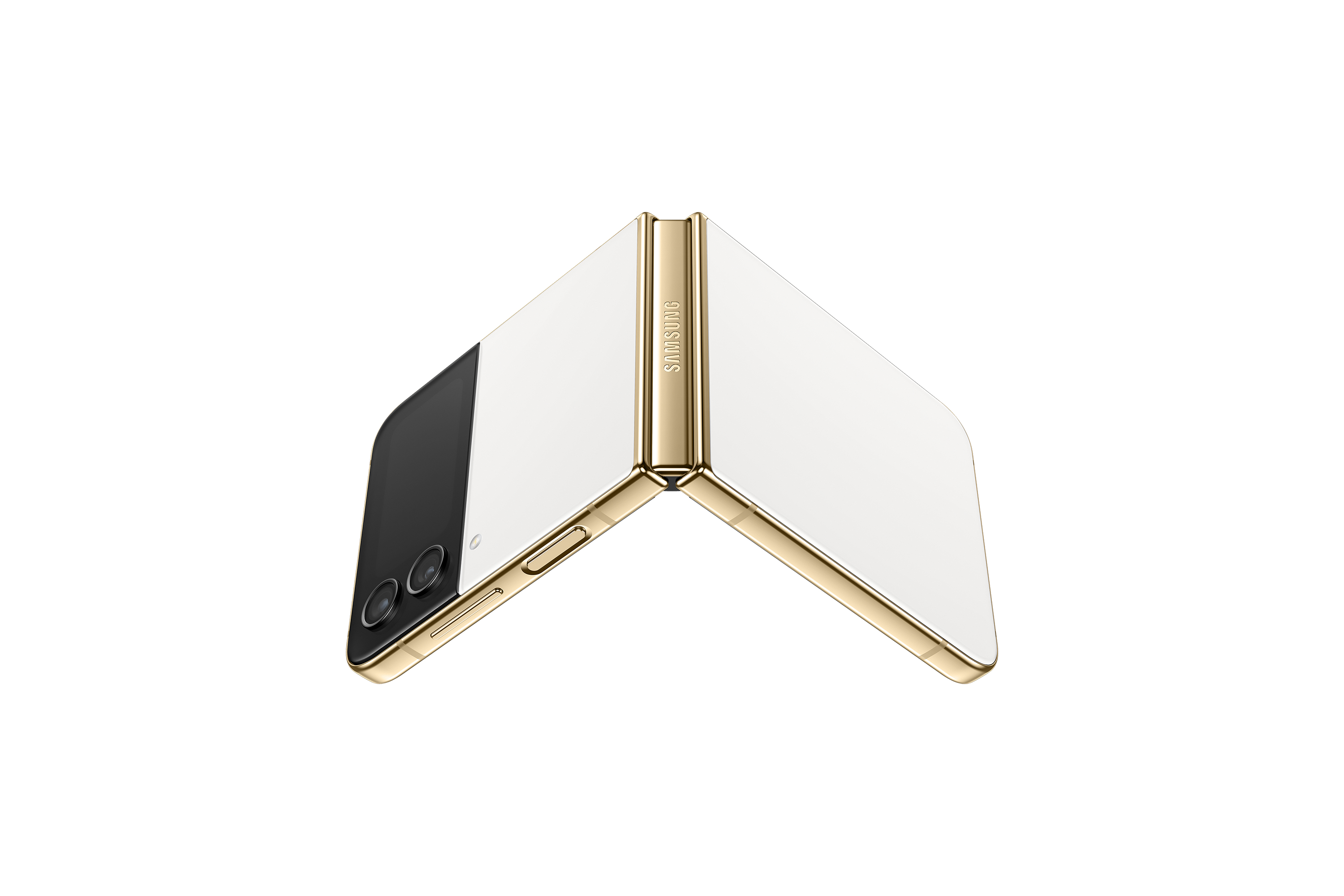 Un teléfono inteligente plegable blanco y dorado, abierto y boca arriba, sobre un fondo blanco.