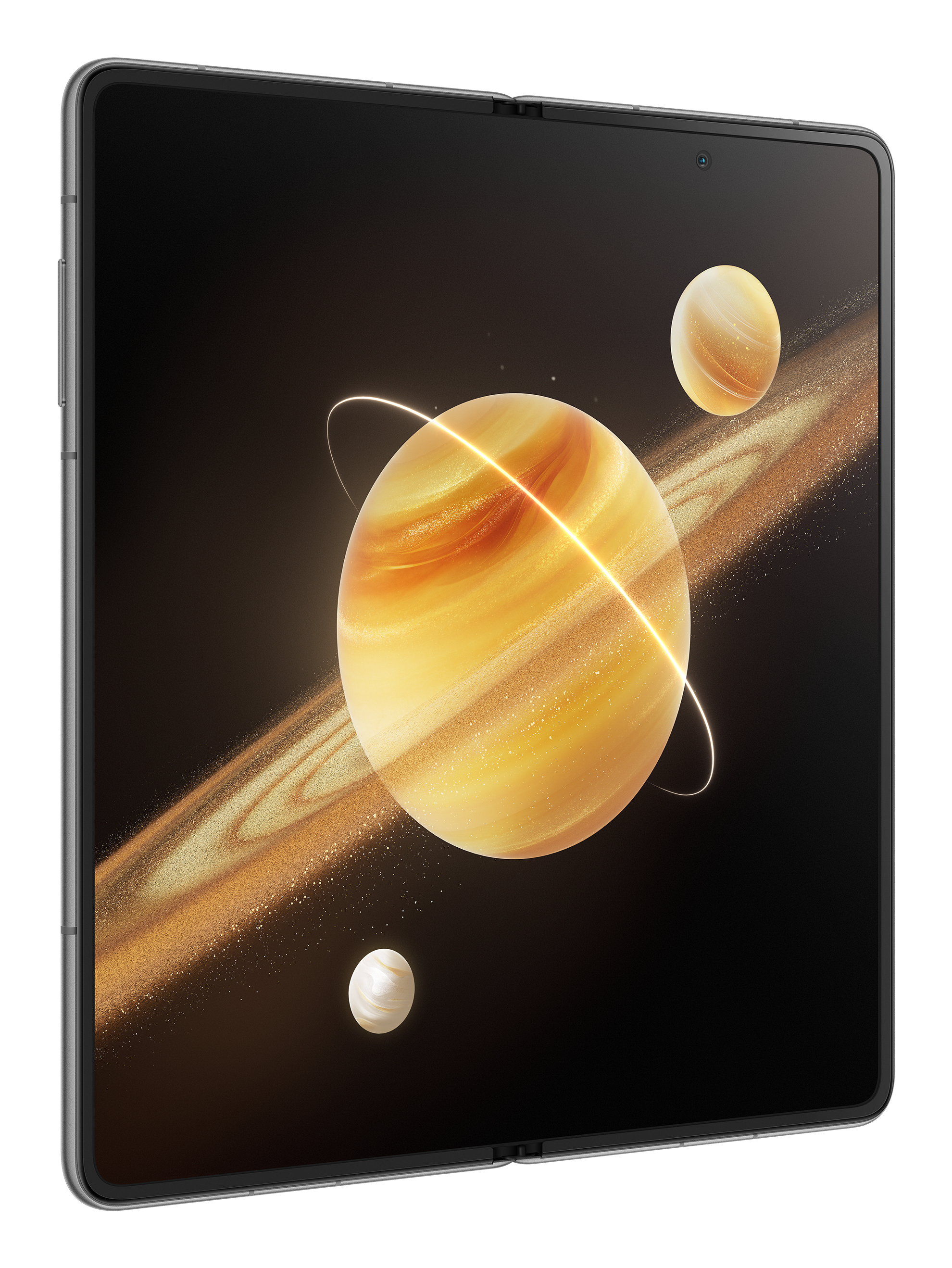 Un tablet piegato che mostra una grafica a tema spaziale con pianeti e un anello.