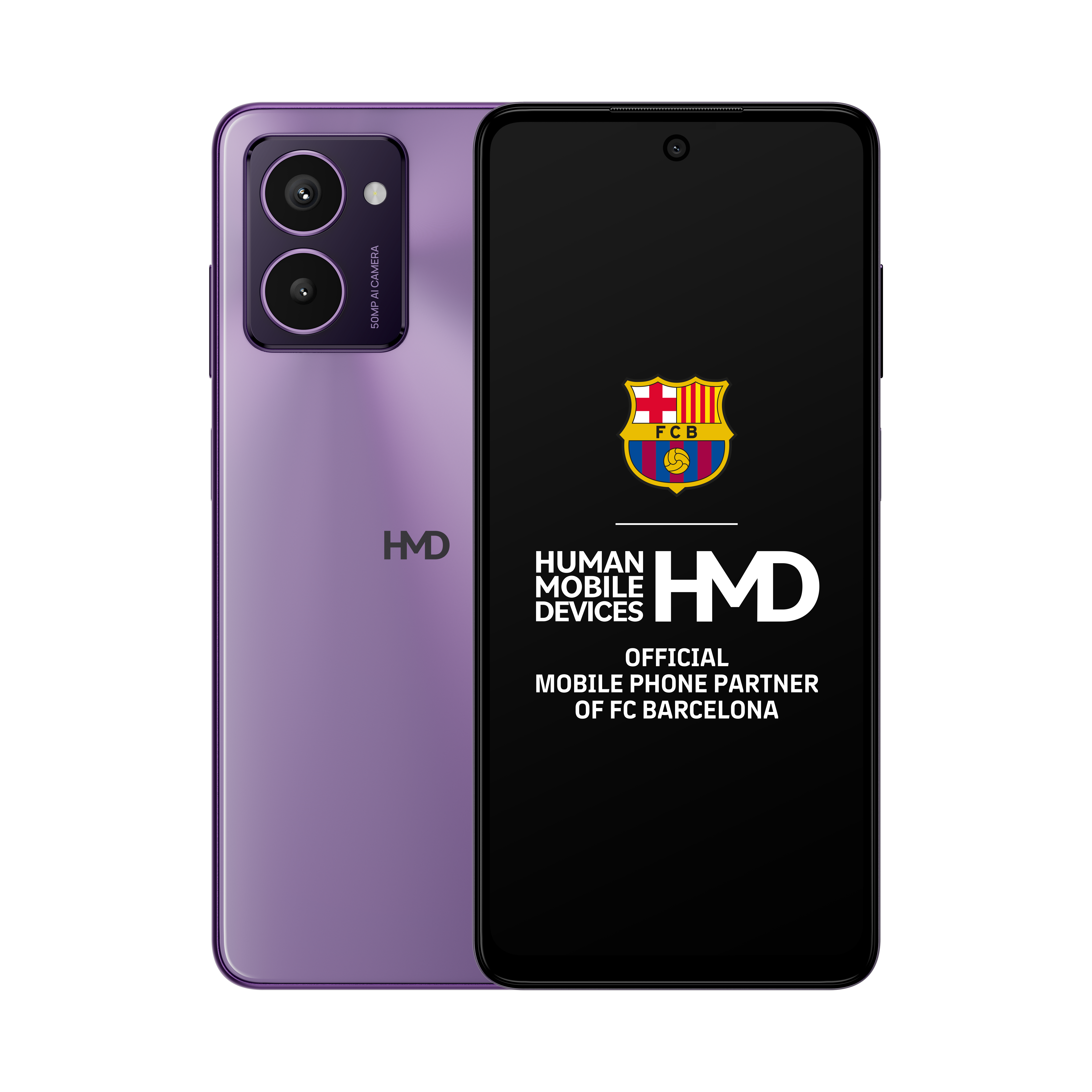 Un teléfono inteligente morado con cámara dual y una pantalla negra con el logo del FC Barcelona.