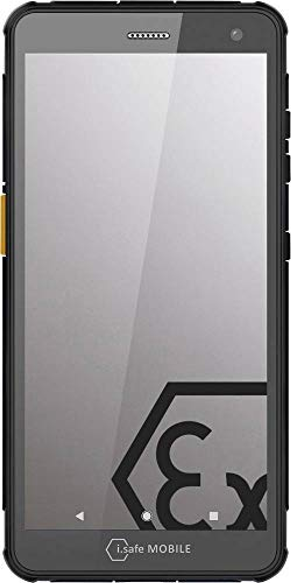 Uno smartphone i.safe MOBILE nero. Ha un ampio schermo e un design robusto.