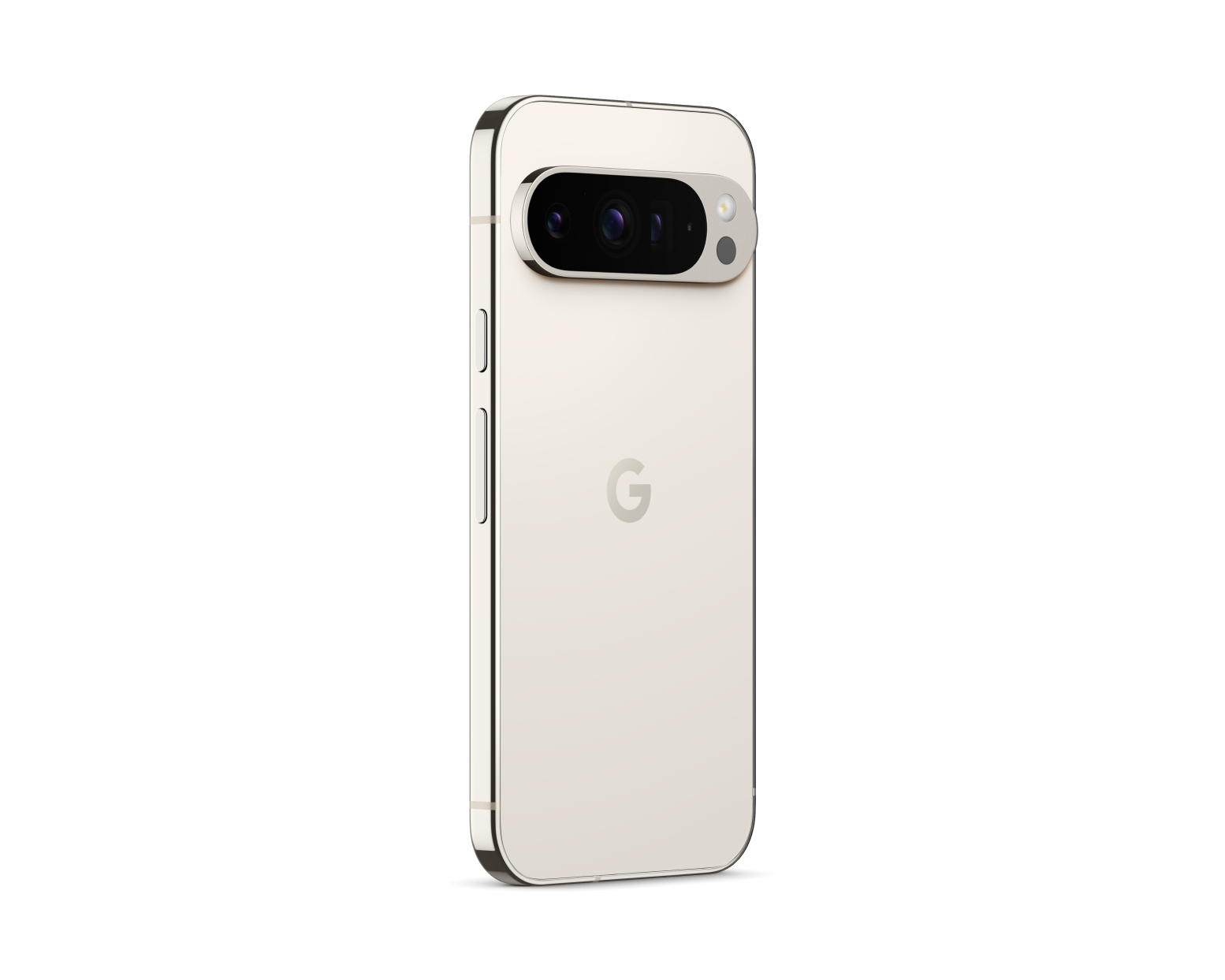 Beżowy telefon z wypukłością aparatu, widok z tyłu, z logo G.