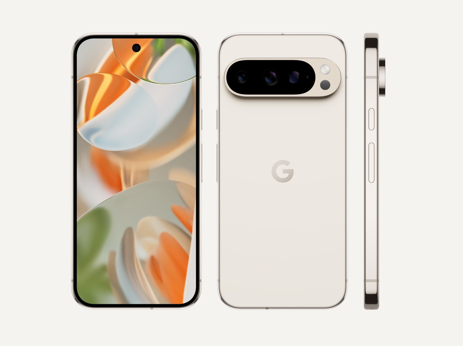 Smartfon Google, z widokiem z przodu, z tyłu i z boku. Telefon jest jasno-beżowy.