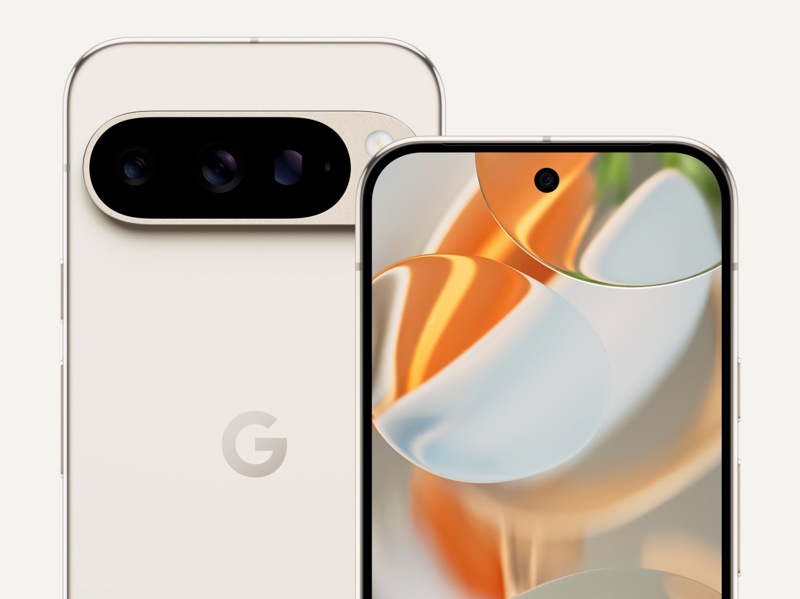Biały smartfon z aparatem i wyświetlaczem pokazującym abstrakcyjny wzór, widoczny tył.