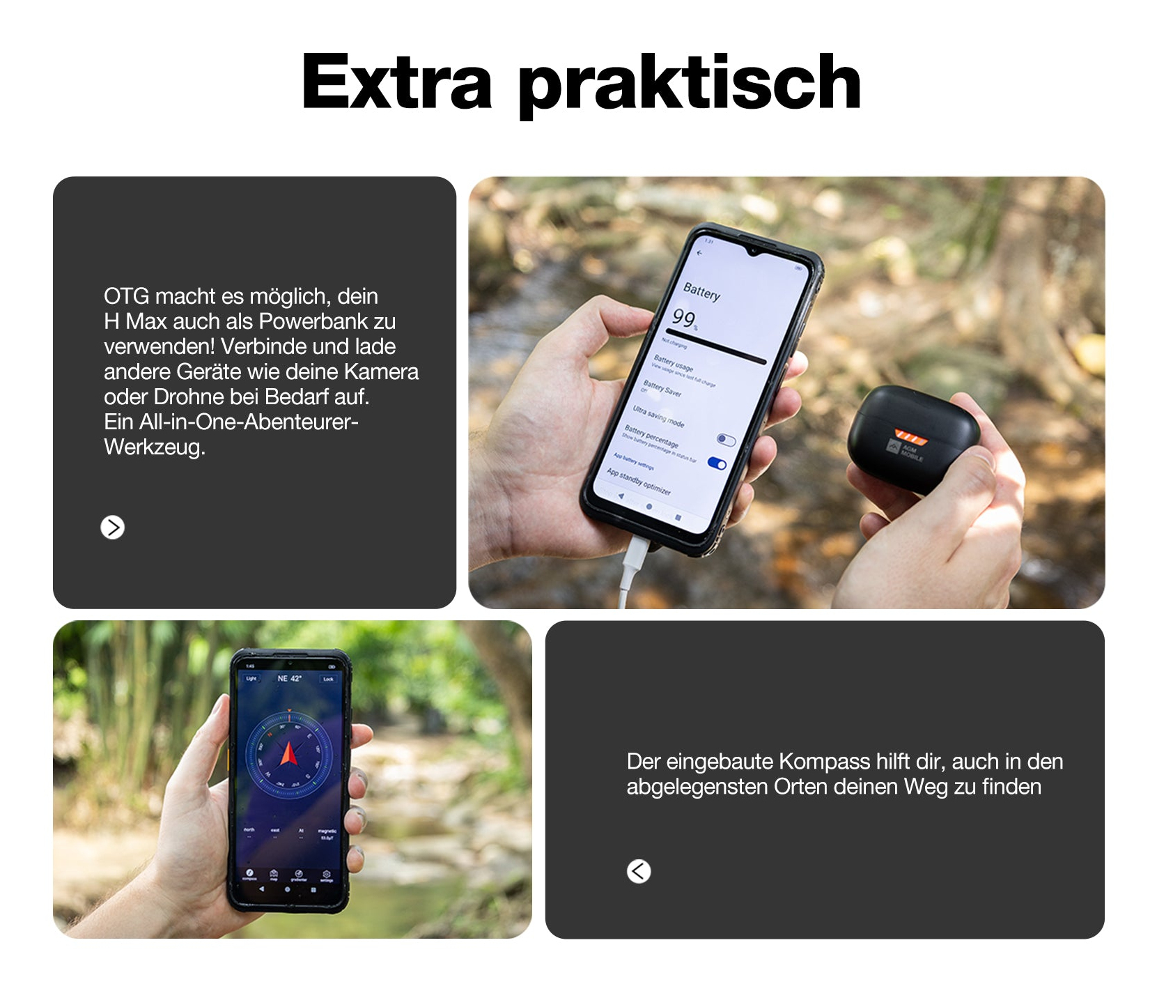 Bild-Collage von Smartphone-Anwendungen: Laden, Kompass und App-Nutzung.
