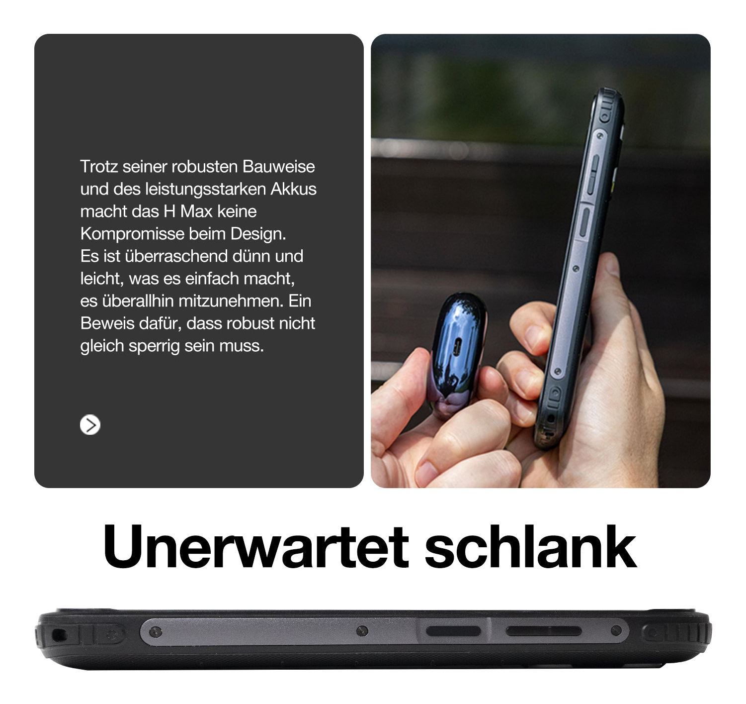 Smartphone mit Text über Design und einem kleinen Ohrhörer daneben.