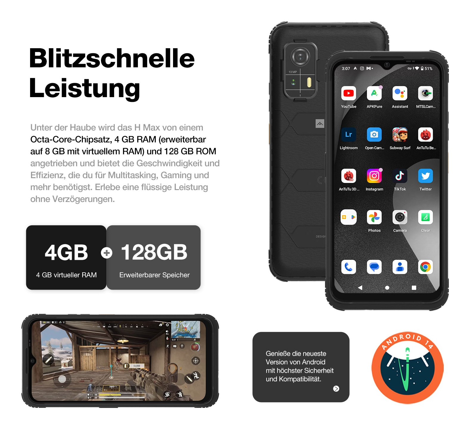 Smartphone und andere Bilder mit Text zu Leistung, RAM und Speicher.