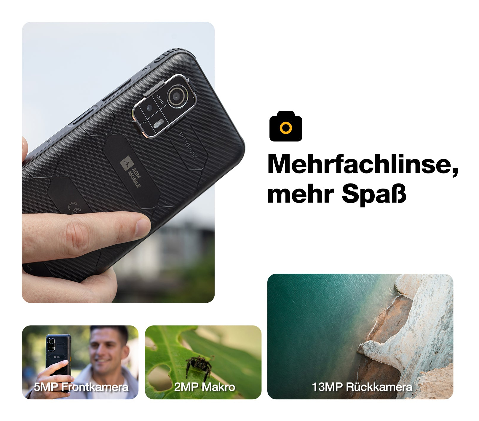 Schwarzes robustes Telefon mit Kameradetails: 13MP, 5MP vorne, 2MP Makro. Text: Mehrfachlinse, mehr Spaß.