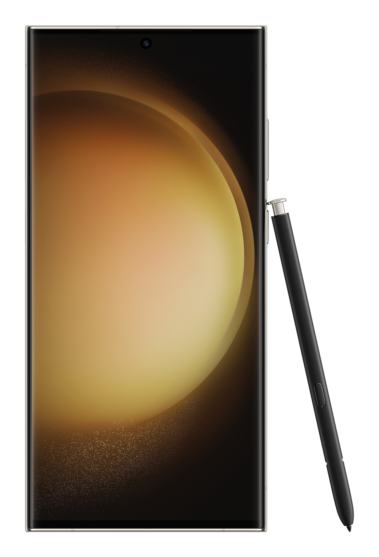 Czarny smartfon z rysikiem, pokazujący złotą sferę na ekranie. Rysik jest włożony z boku.