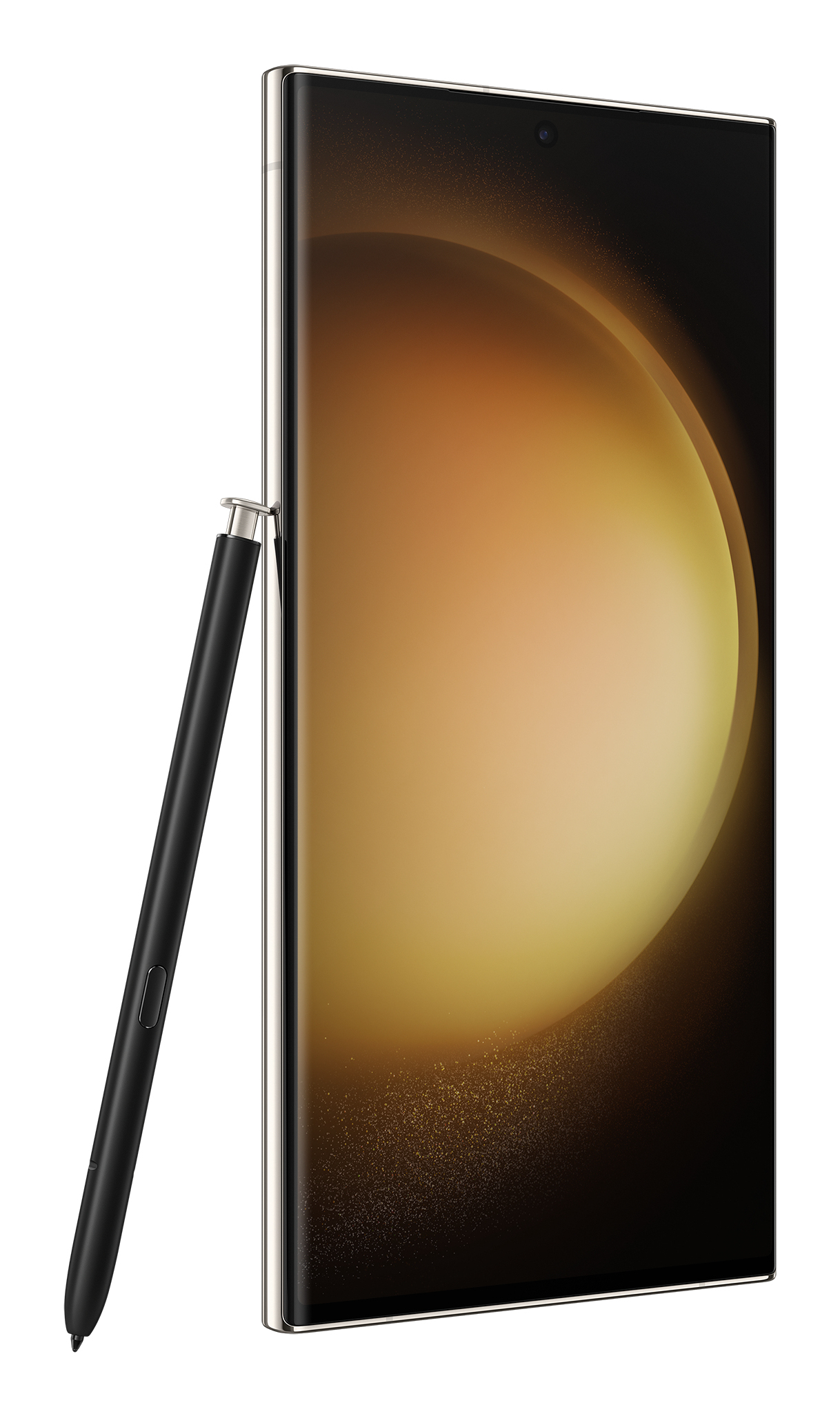 Telefon Samsung z rysikiem. Ekran pokazuje żółto-złoty wzór. Białe tło.