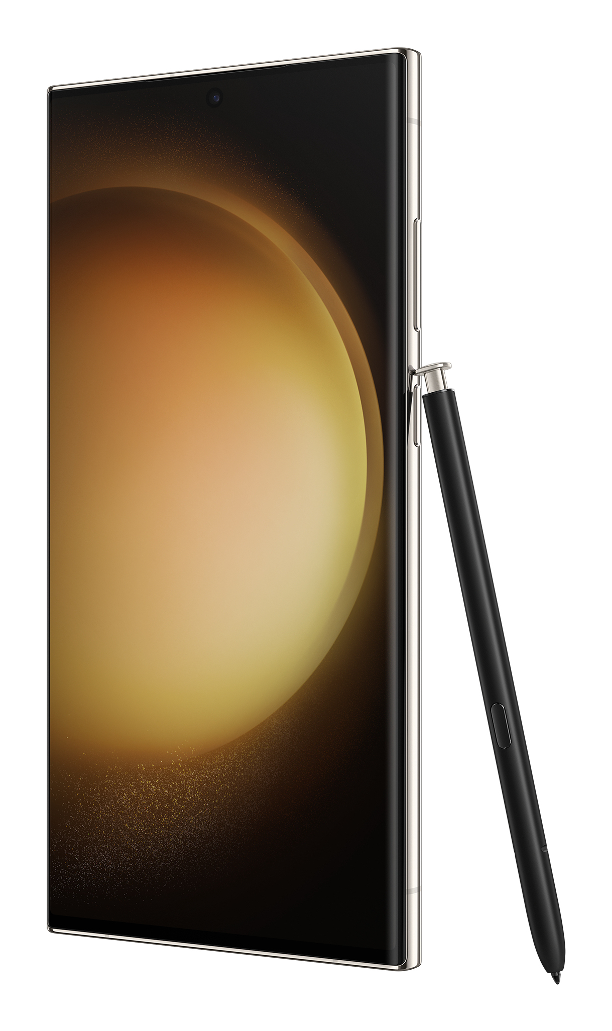 Smartfon ze złotą ramką, czarnym ekranem. Zawiera rysik.
