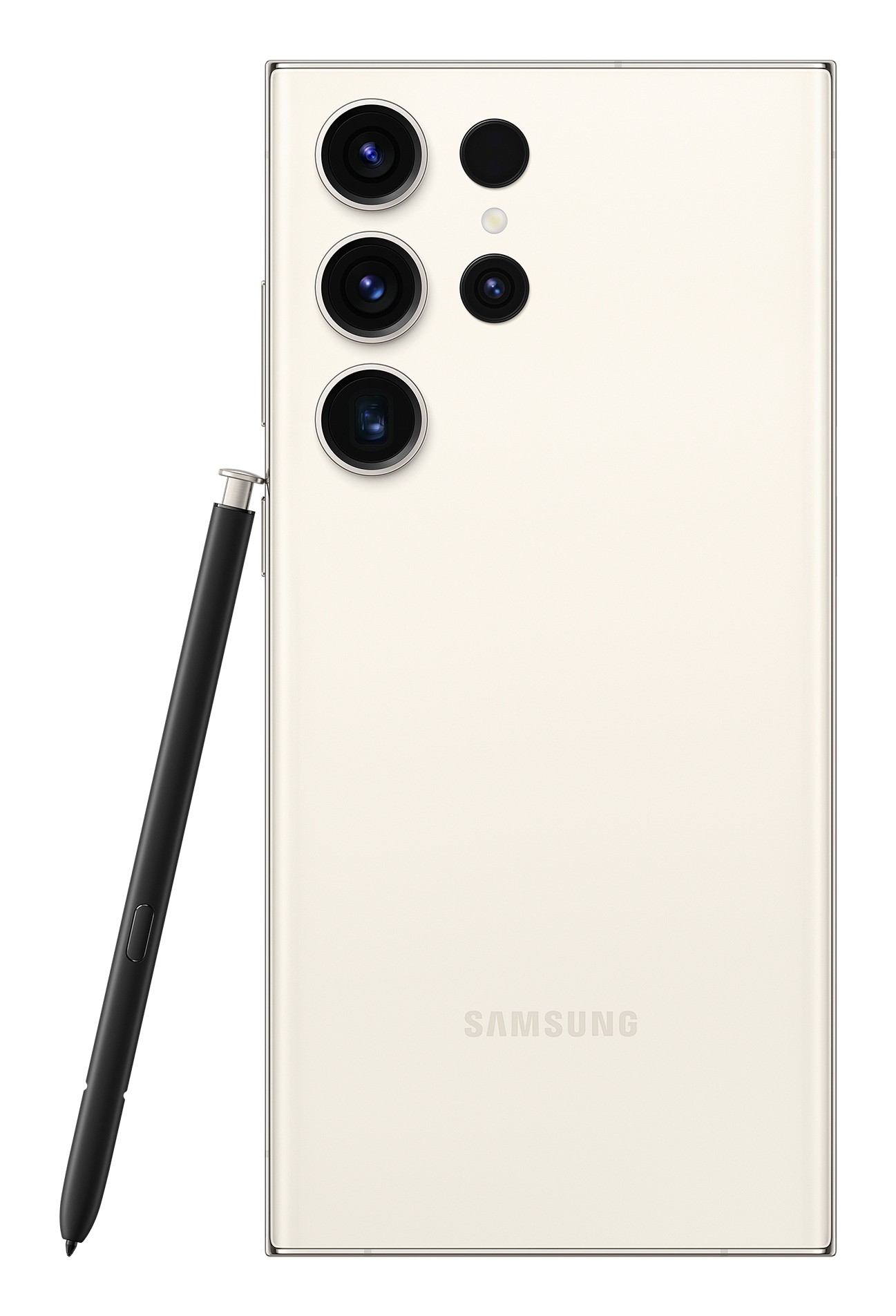 Tył kremowego smartfona Samsung z wieloma obiektywami aparatu i rysikiem z boku.
