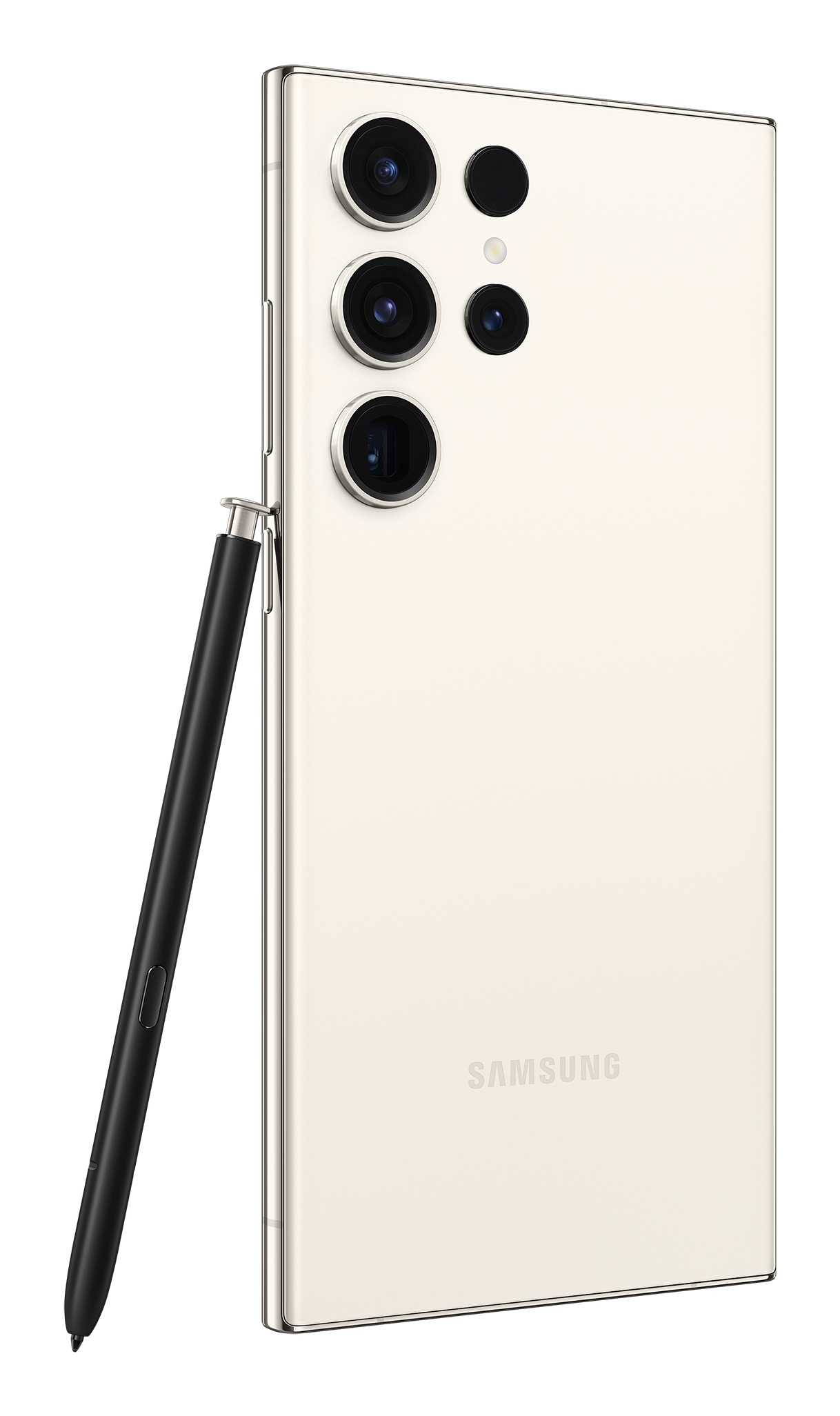 Kremowy telefon z czarnym pisakiem, obiektywami i logo Samsung na białym tle.