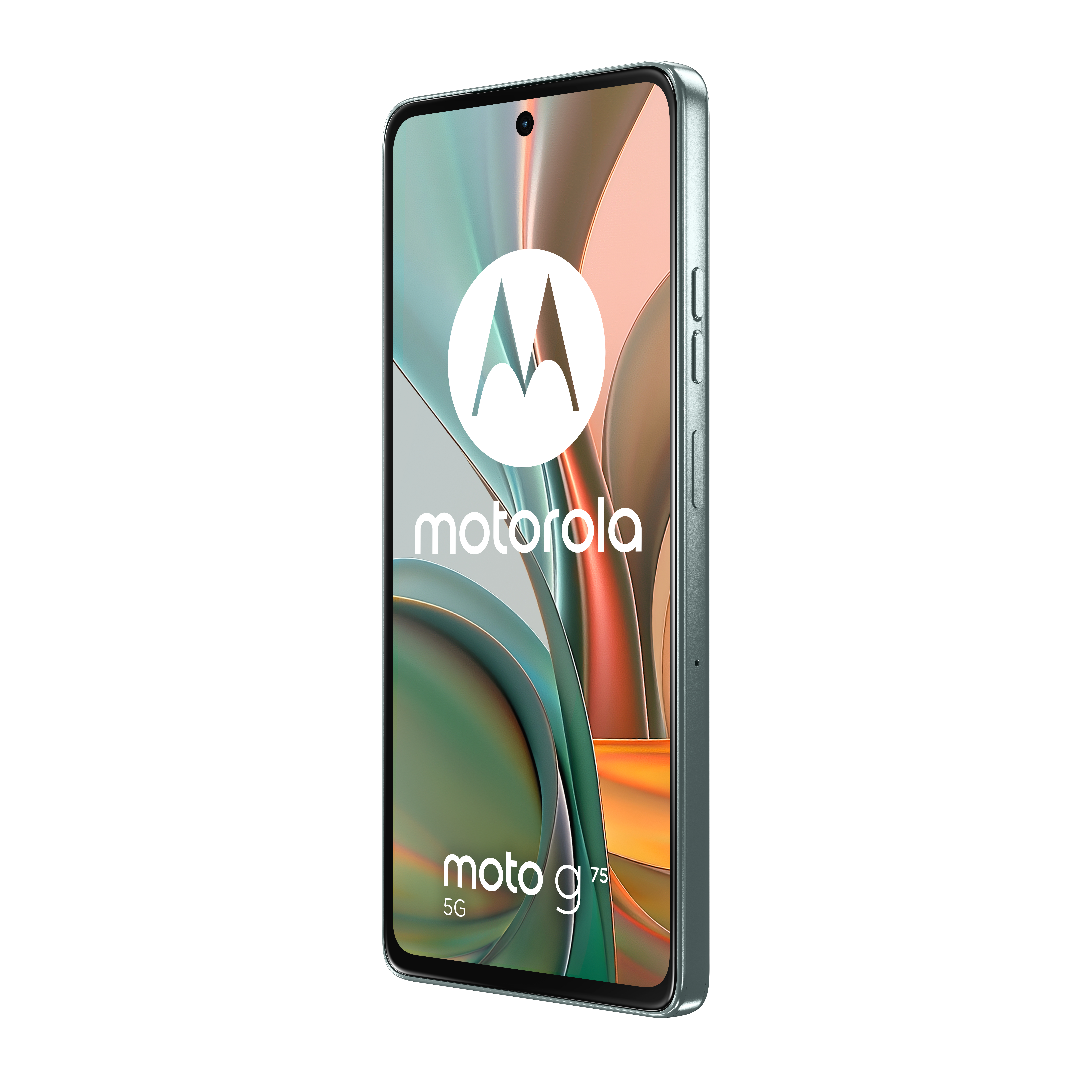 Zielony telefon Motorola z dużym logo 'M' na ekranie.