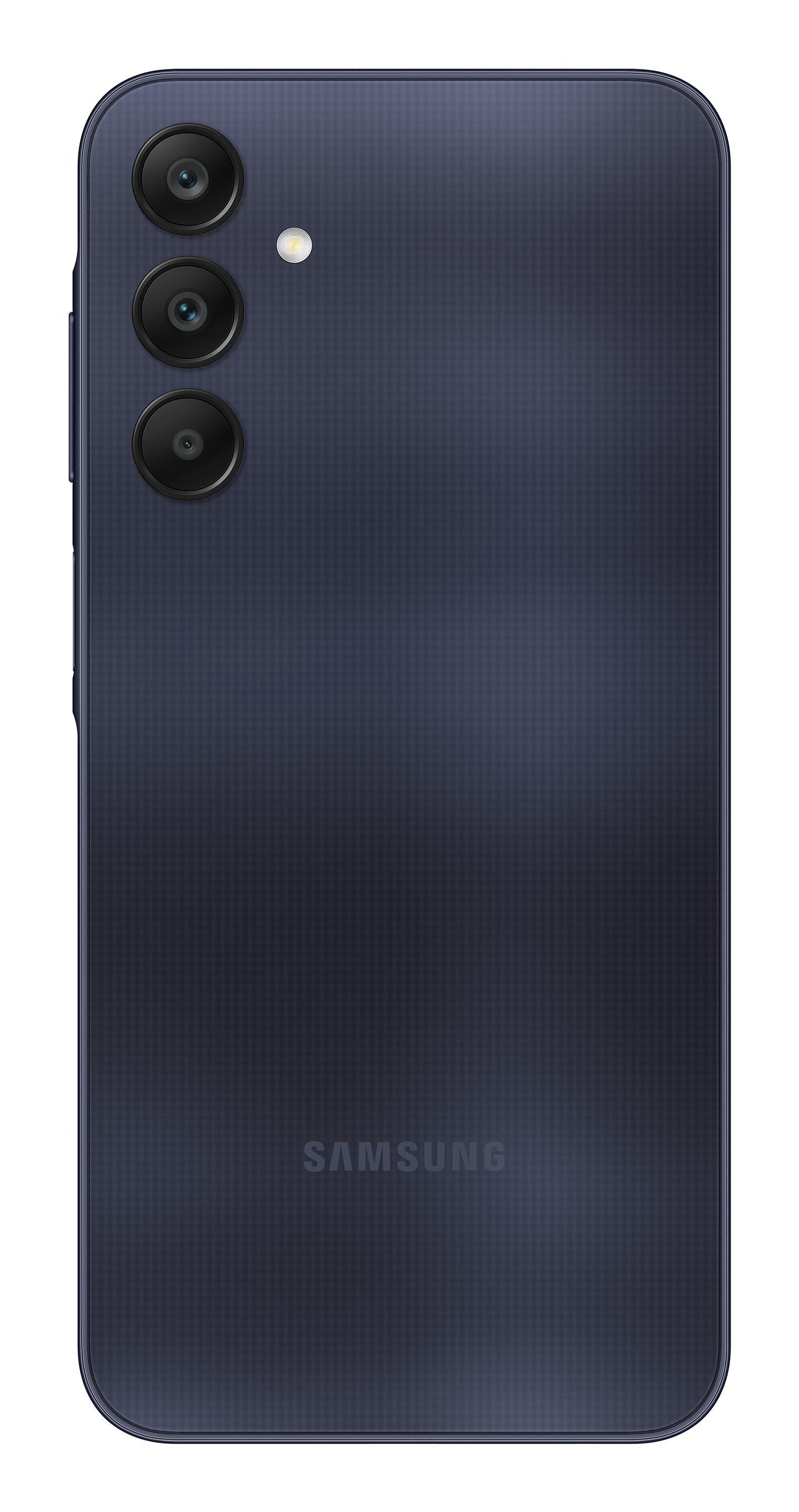 Koyu mavi akıllı telefonun arkası, kameralar, flaş ve Samsung logosu ile. Dokulu yüzey.