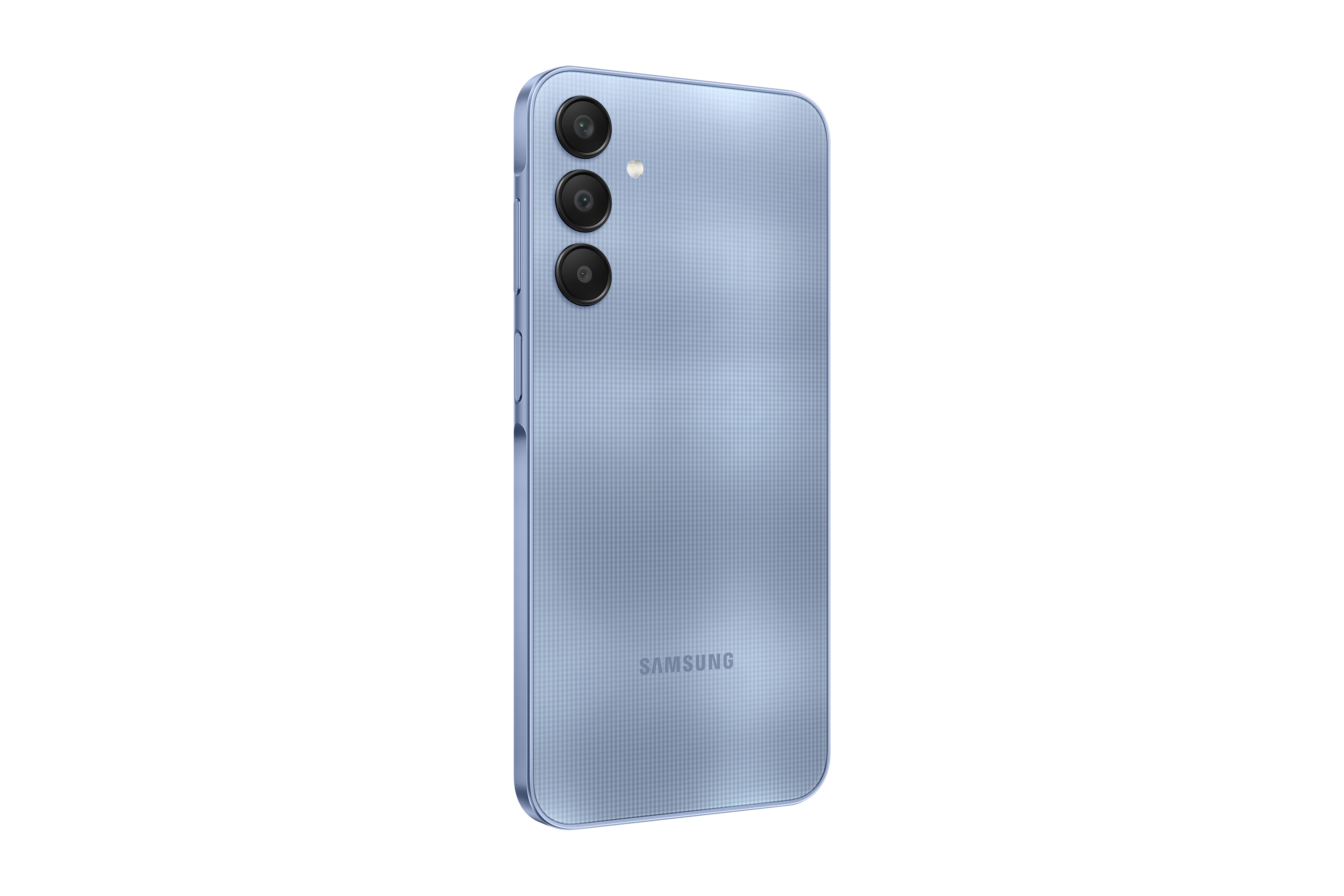 Üç kameralı ve dokulu desenli, açık mavi bir Samsung akıllı telefonun arka görünümü.