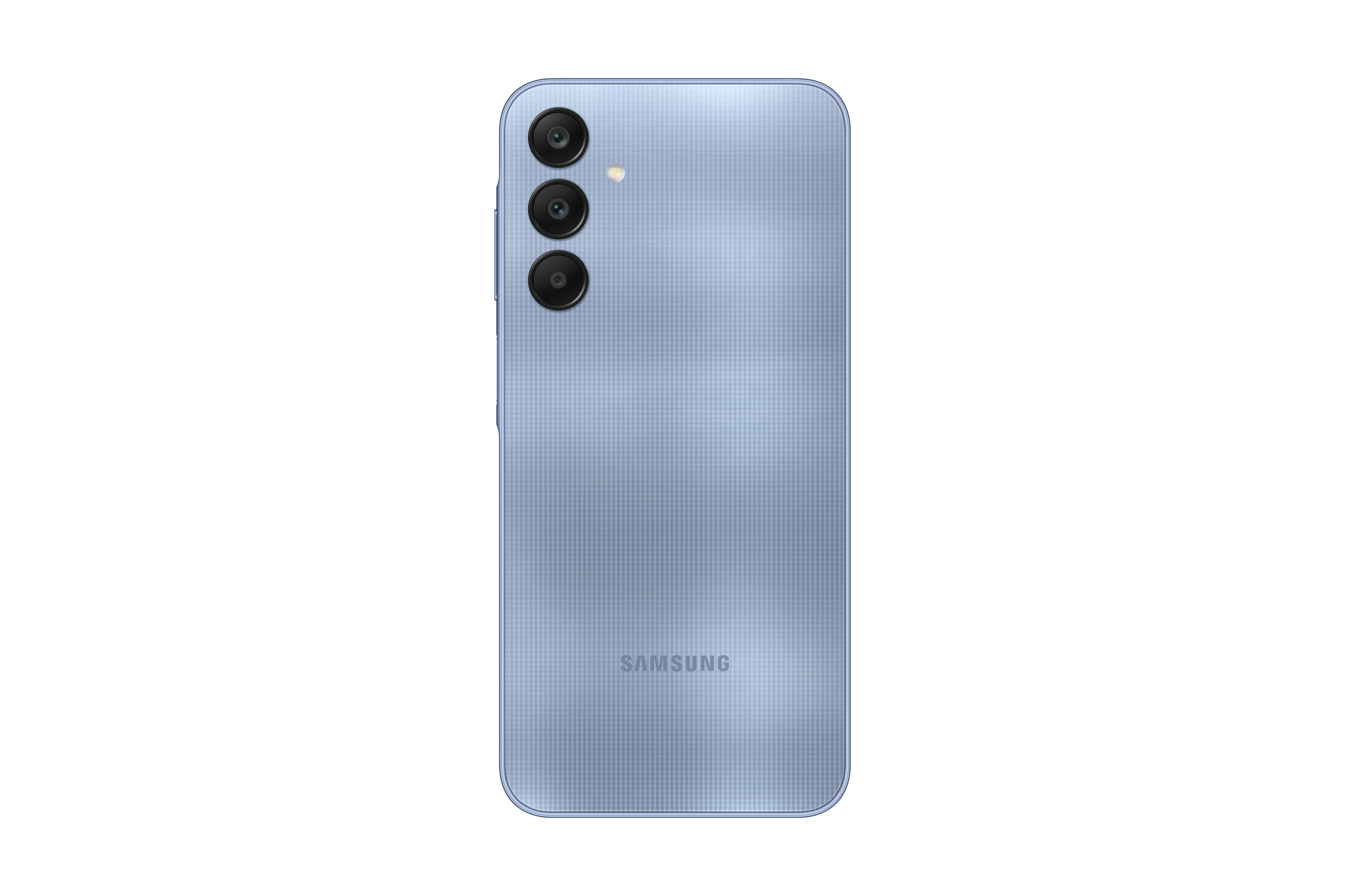 Açık mavi Samsung telefon arkası, üç kamera, flaş ve Samsung logosu.