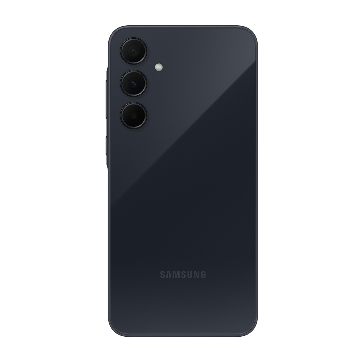 Üç kamerası ve altta Samsung logosu olan koyu mavi bir akıllı telefonun arkası.