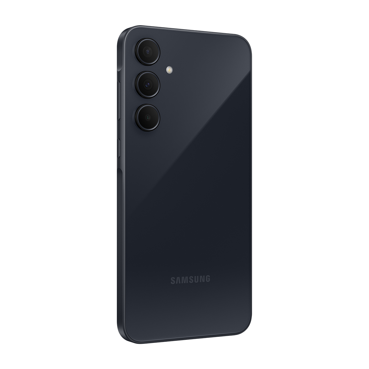 Mavi telefon, arka görünüm. Kamera lenslerini ve Samsung logosunu gösteriyor.