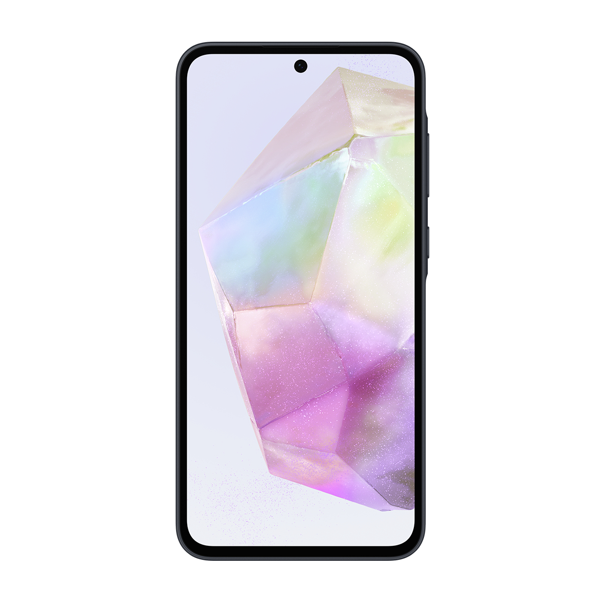Büyük ekranlı siyah akıllı telefon, soyut, renkli, kristal benzeri bir tasarım sergiliyor.