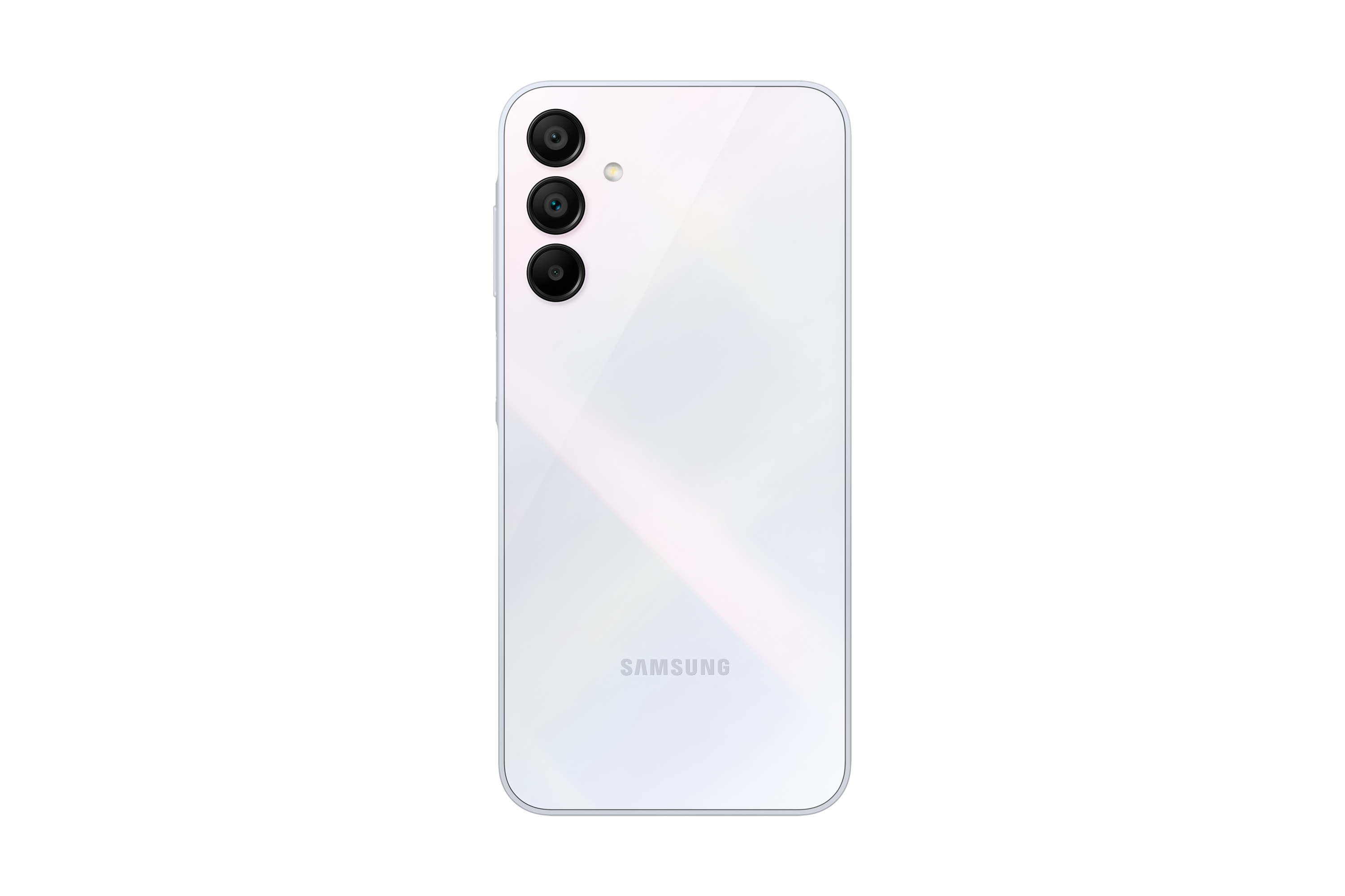 Beyaz akıllı telefonun arkası, üç kamera, Samsung logosu, beyaz zemin üzerinde.
