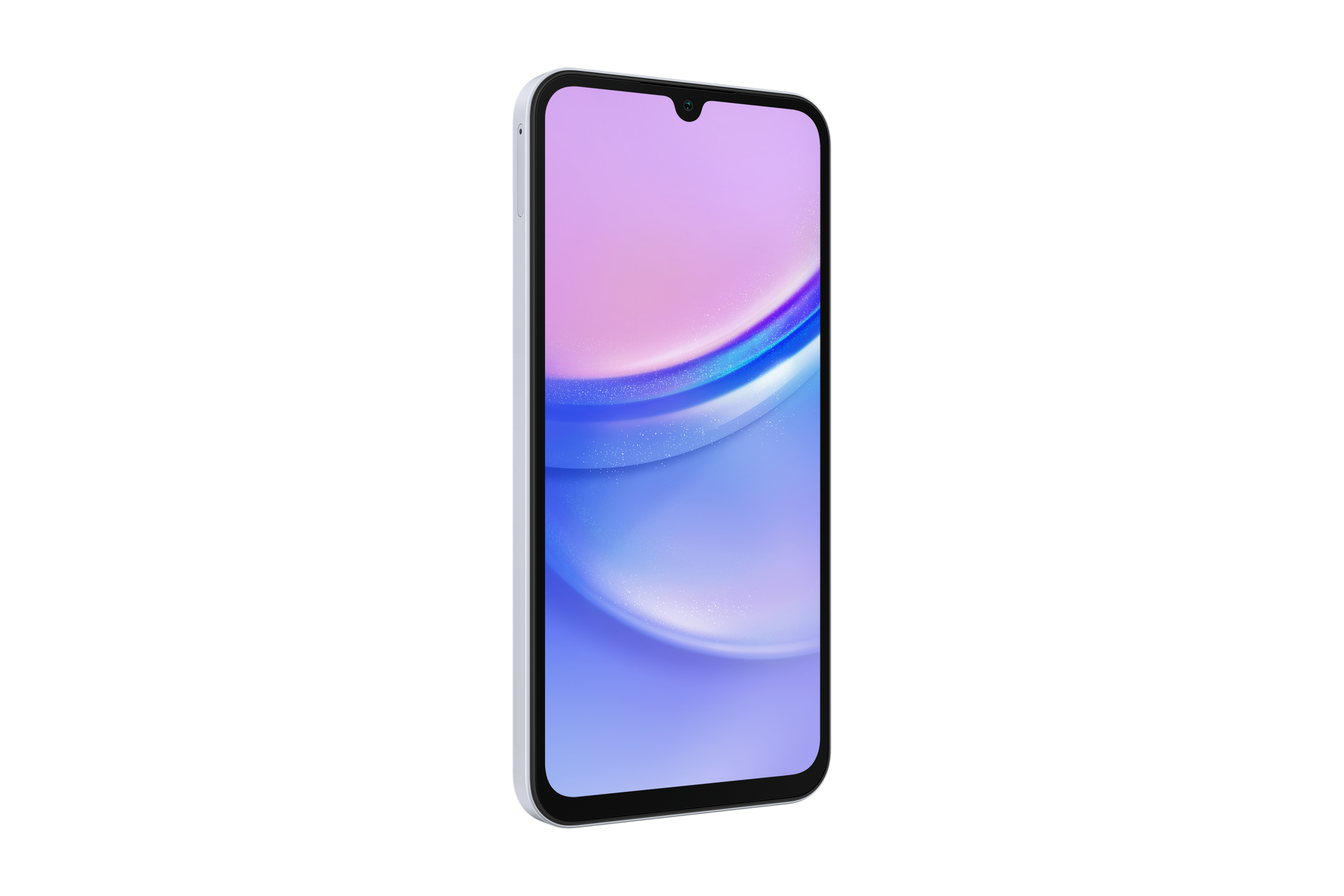 Mavi ve pembe gradyan arka plana sahip açık mavi bir telefon. Bir açıdan görünüyor.