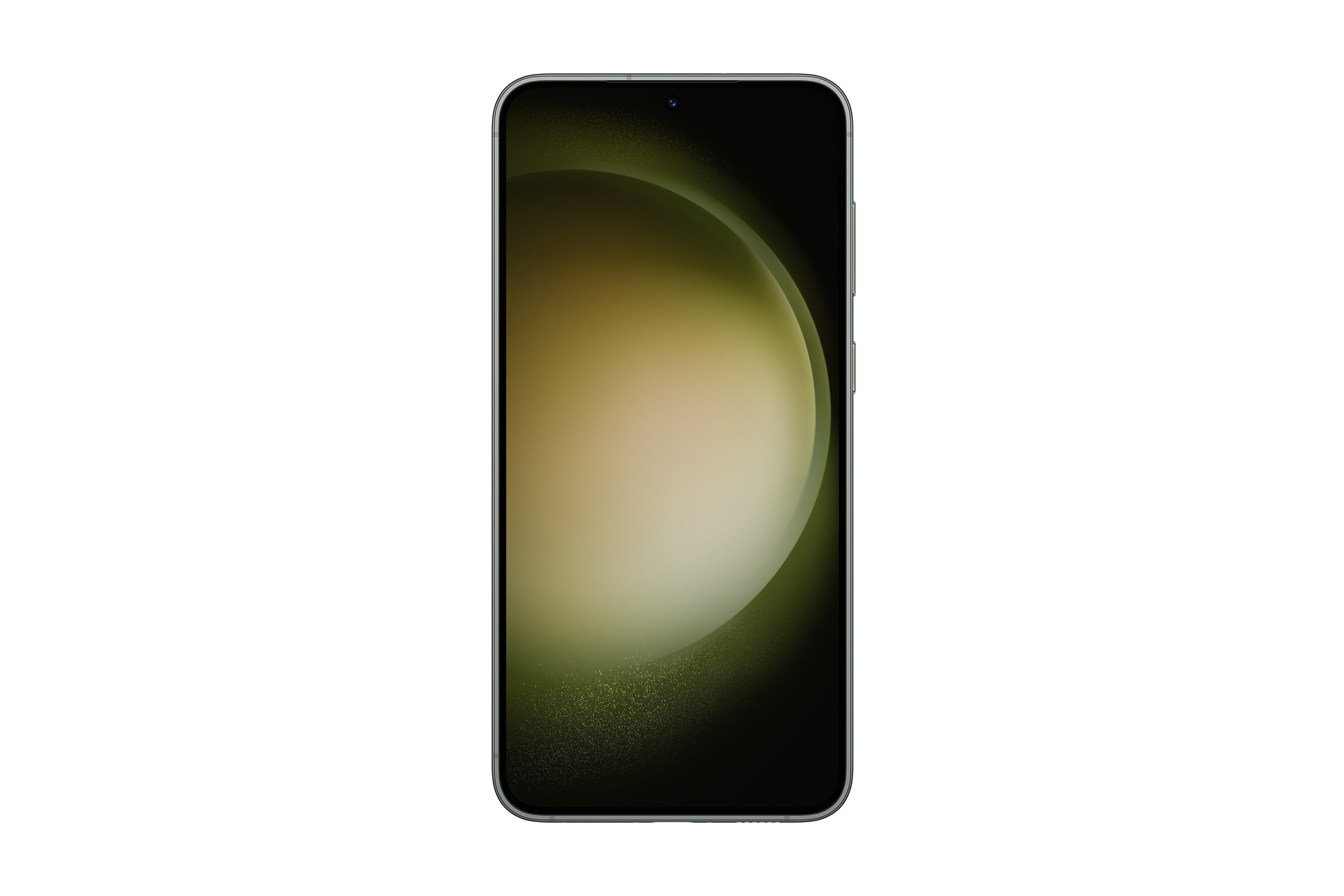 Smartphone con pantalla verde oliva, ligeramente angulado. Marco negro. Fondo blanco.