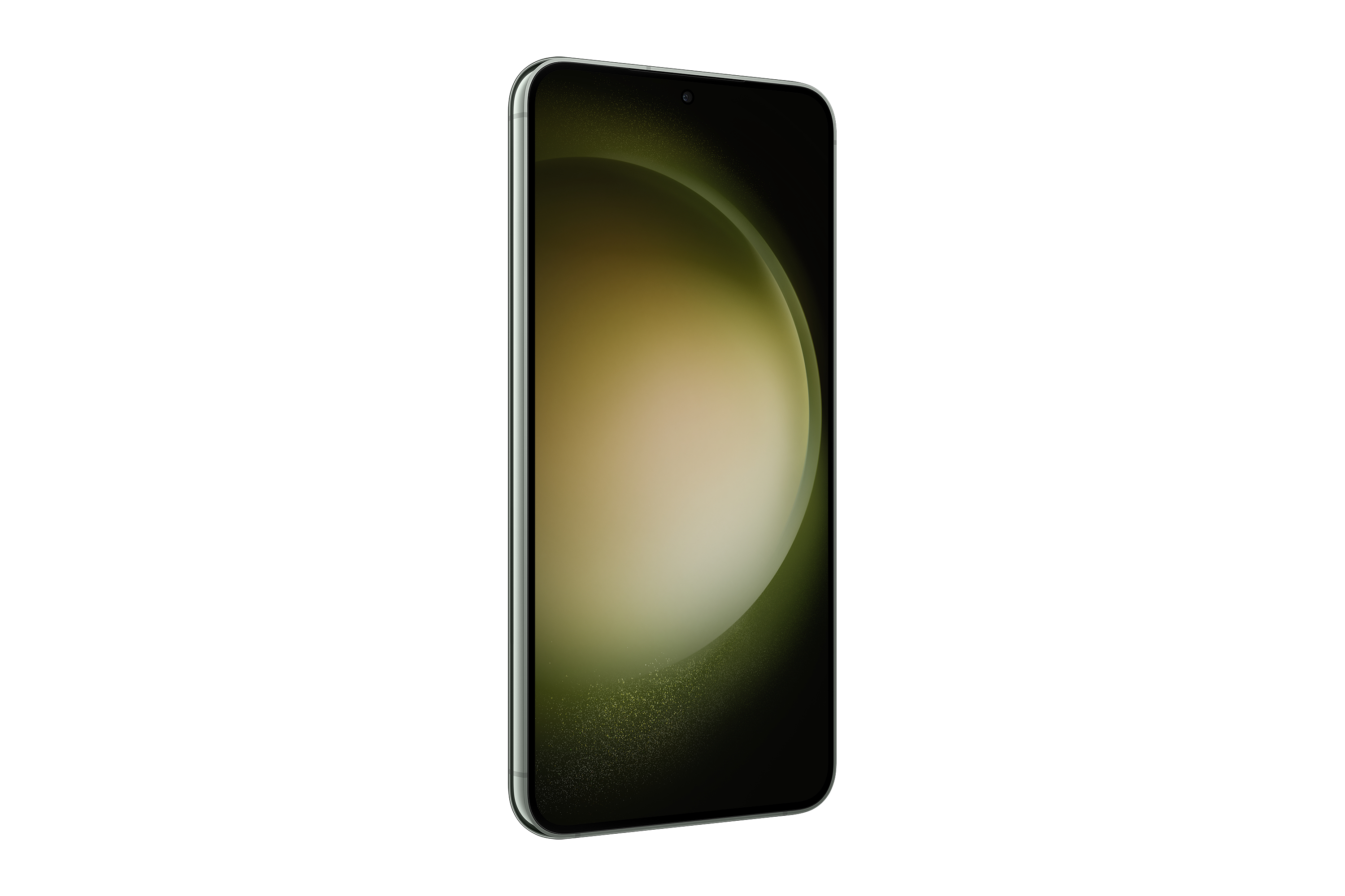 Smartphone con pantalla degradada verde y amarillo, sobre fondo blanco.