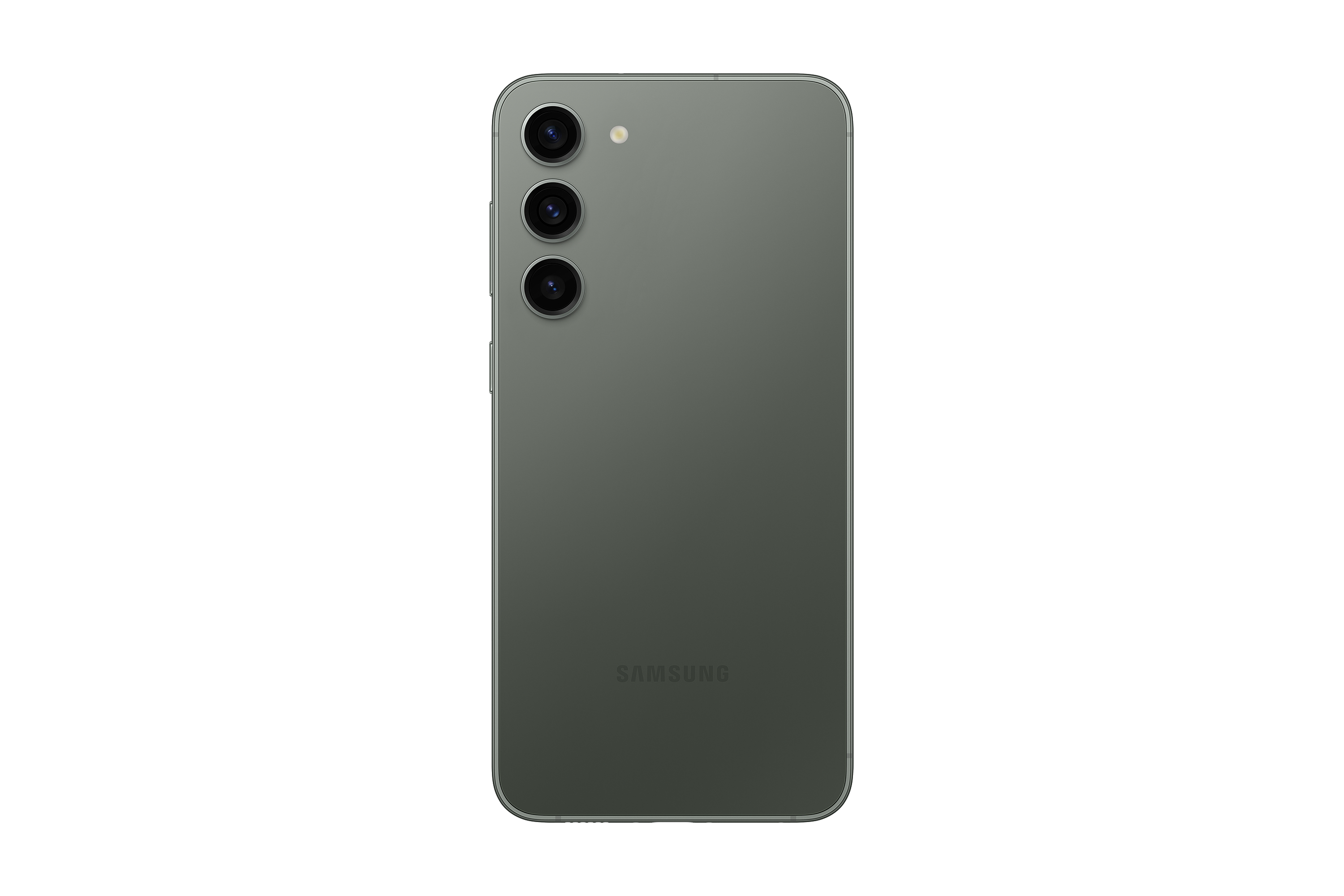 Parte trasera de un smartphone gris con tres cámaras, aislado sobre fondo blanco.