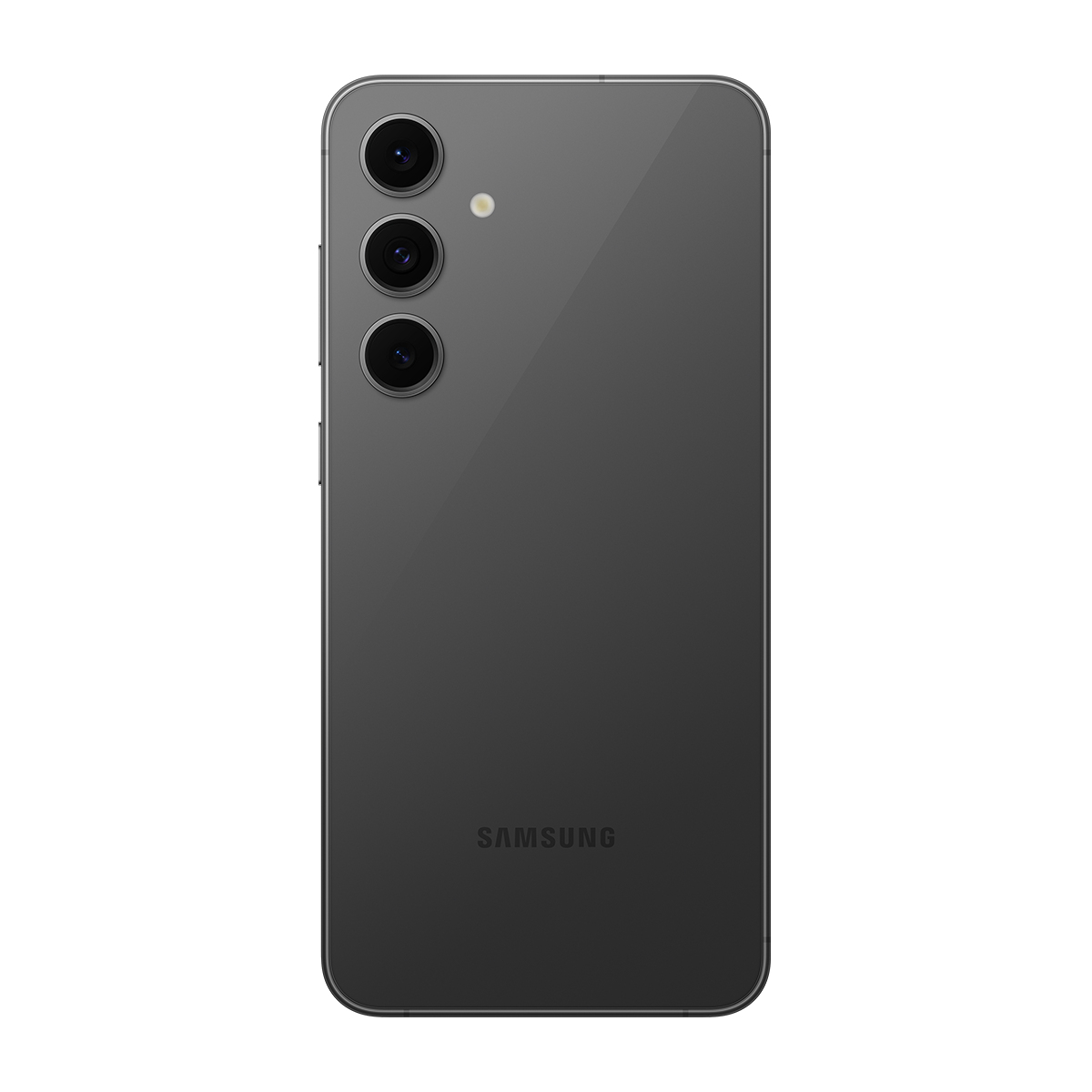 Üç arka kameralı ve Samsung logosu bulunan siyah Samsung telefon.