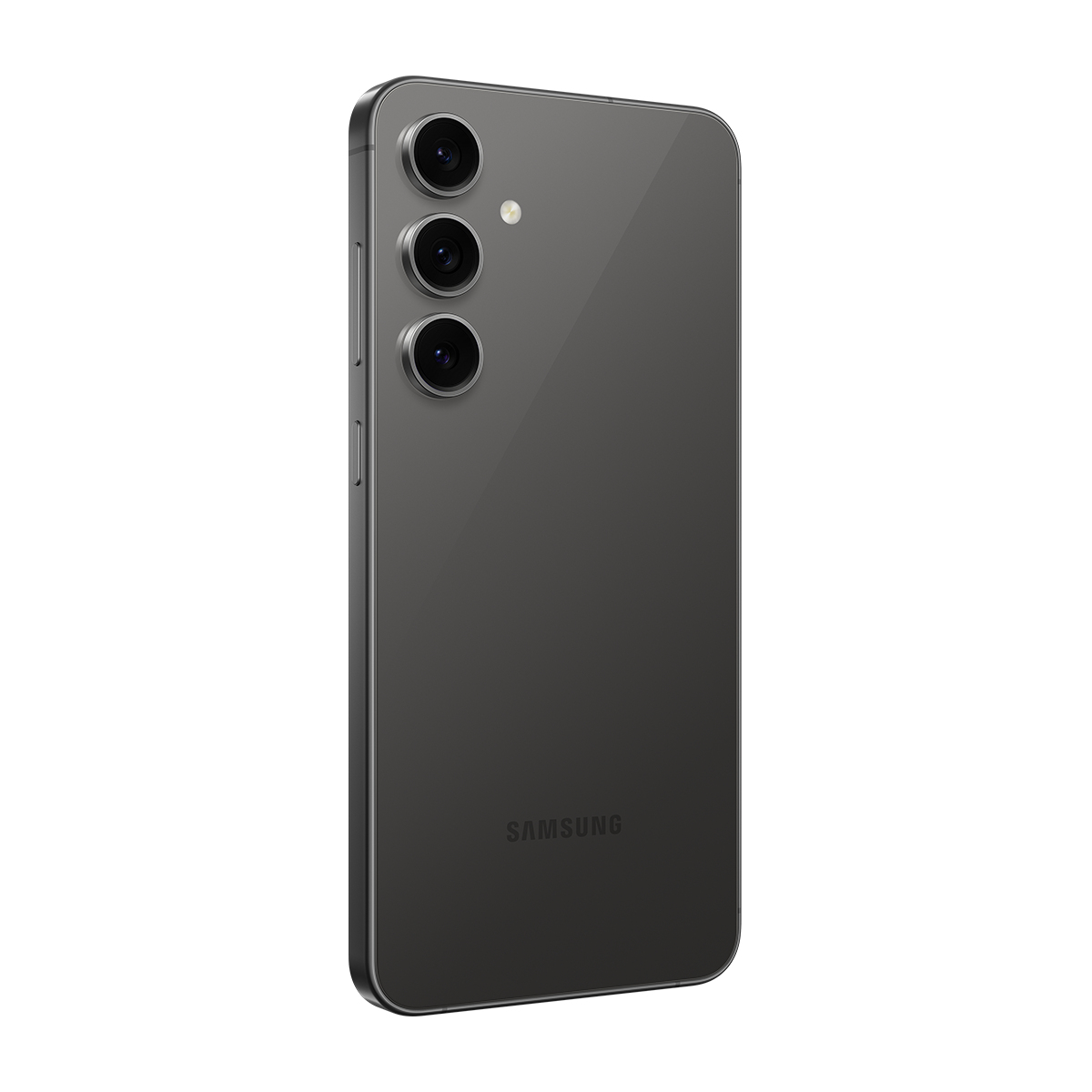 Üç kameralı ve Samsung logolu koyu gri akıllı telefon arka görünümü.