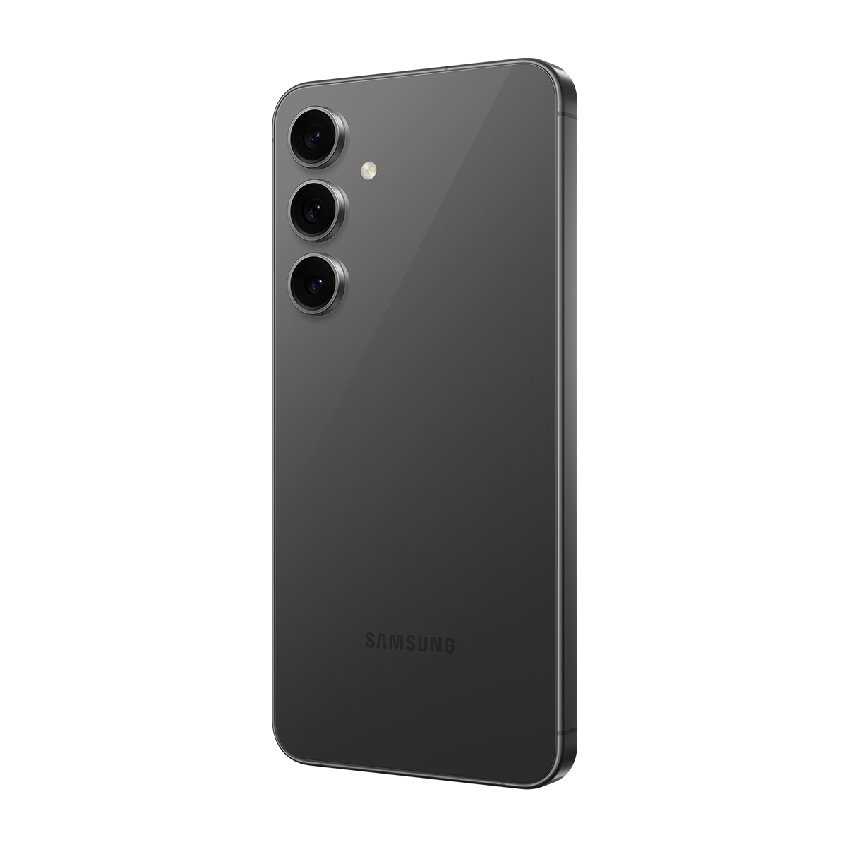 Koyu gri Samsung telefonun arka görünümü. Üç kamera dikey hizalanmış. Altta Samsung logosu.