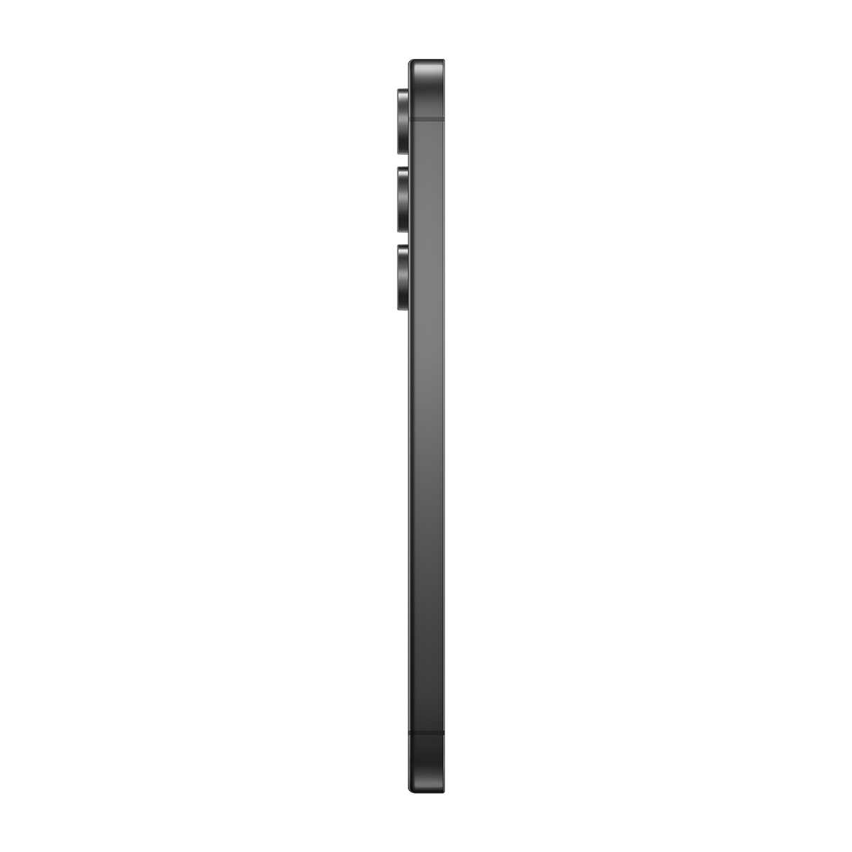 Siyah akıllı telefon, yan görünüm. Minimalist tasarım. Pürüzsüz yüzey. Siyah kaplama.