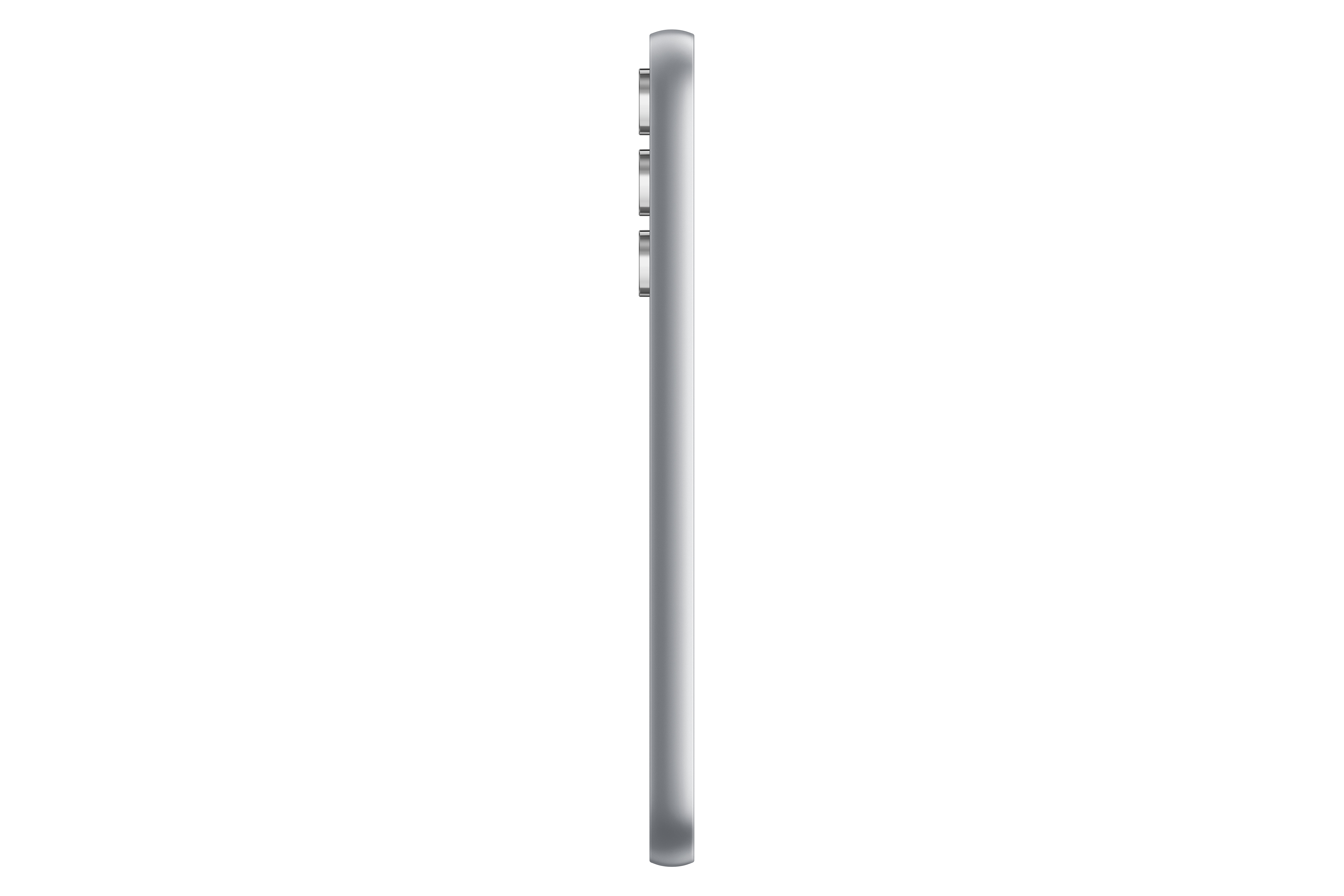 Gümüş bir akıllı telefonun yan görünümü. Minimalist tasarım, şık ve temiz, beyaz arka plan.