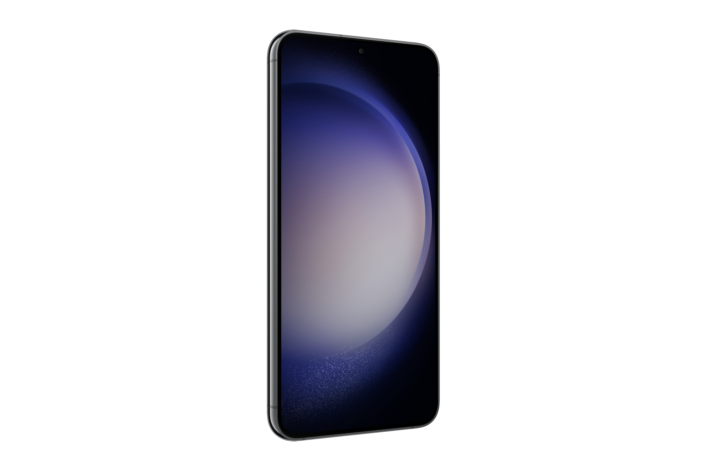 Zwarte smartphone, schuine weergave, scherm toont een verloop van blauwe en witte kleuren op een witte achtergrond.