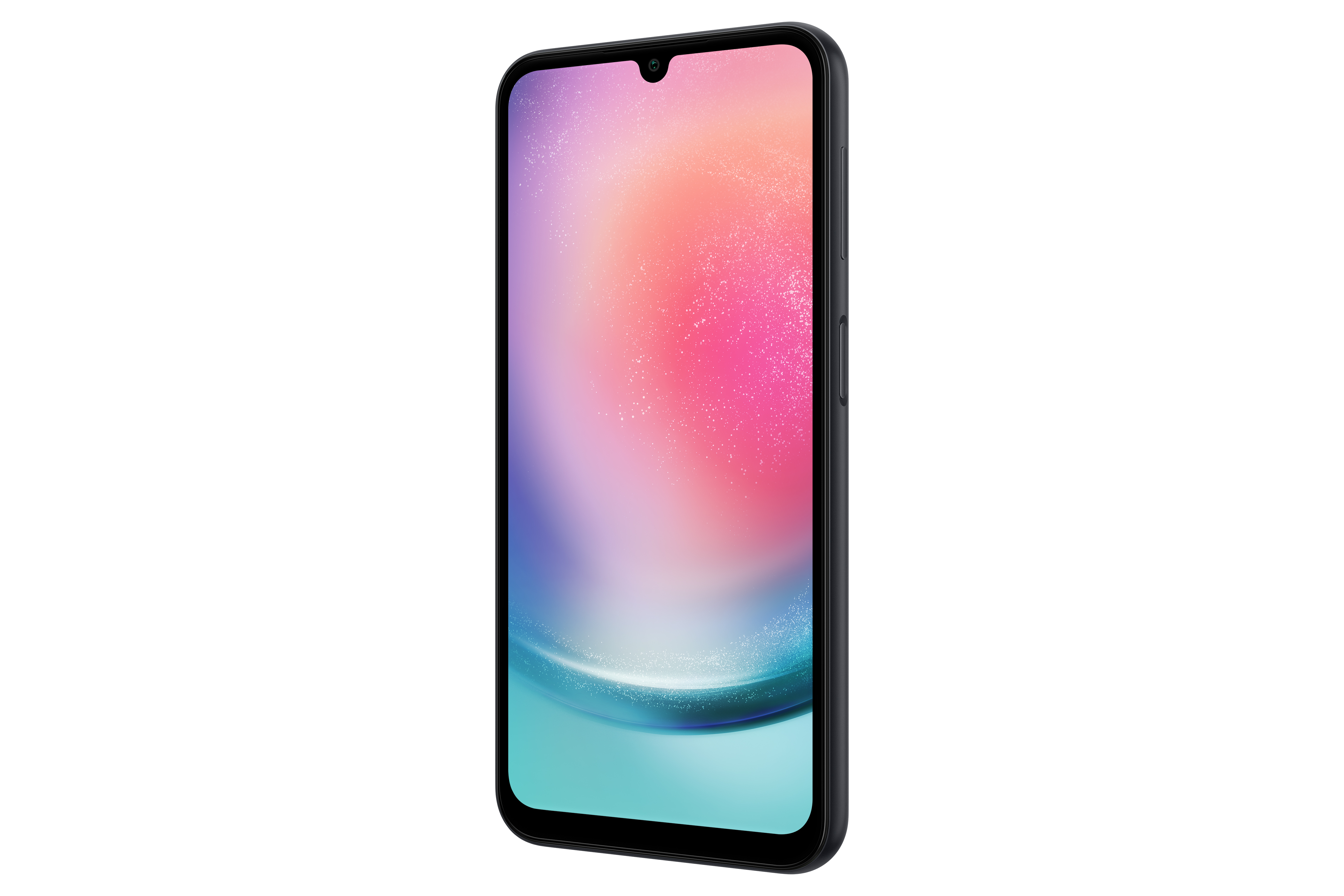 Niebieski smartfon, przechylony na bok, pokazujący kolorowy ekran i przedni aparat u góry.