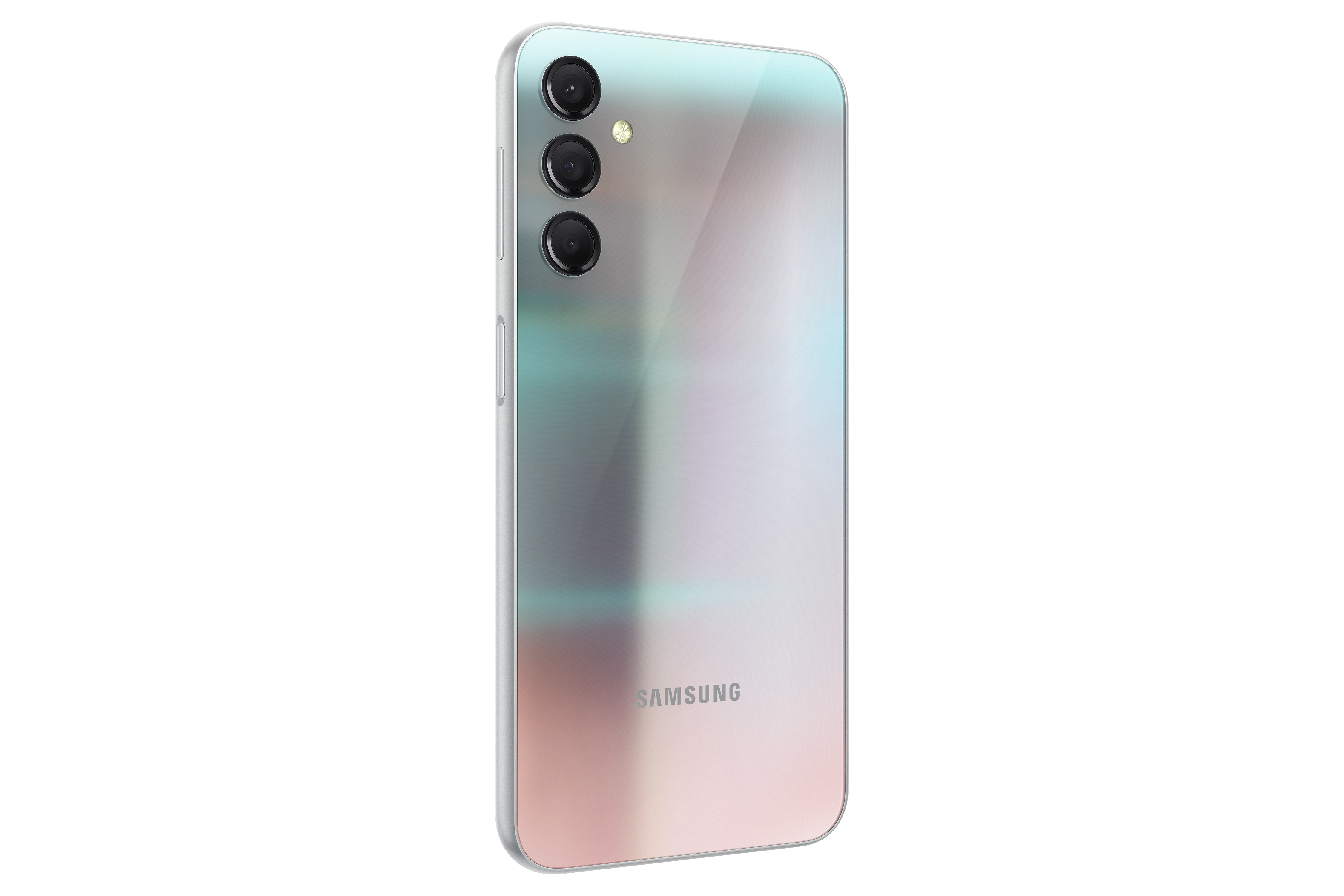 Gri ve pembe bir Samsung telefonun arkadan görünümü, üç kamera ve Samsung logosu.