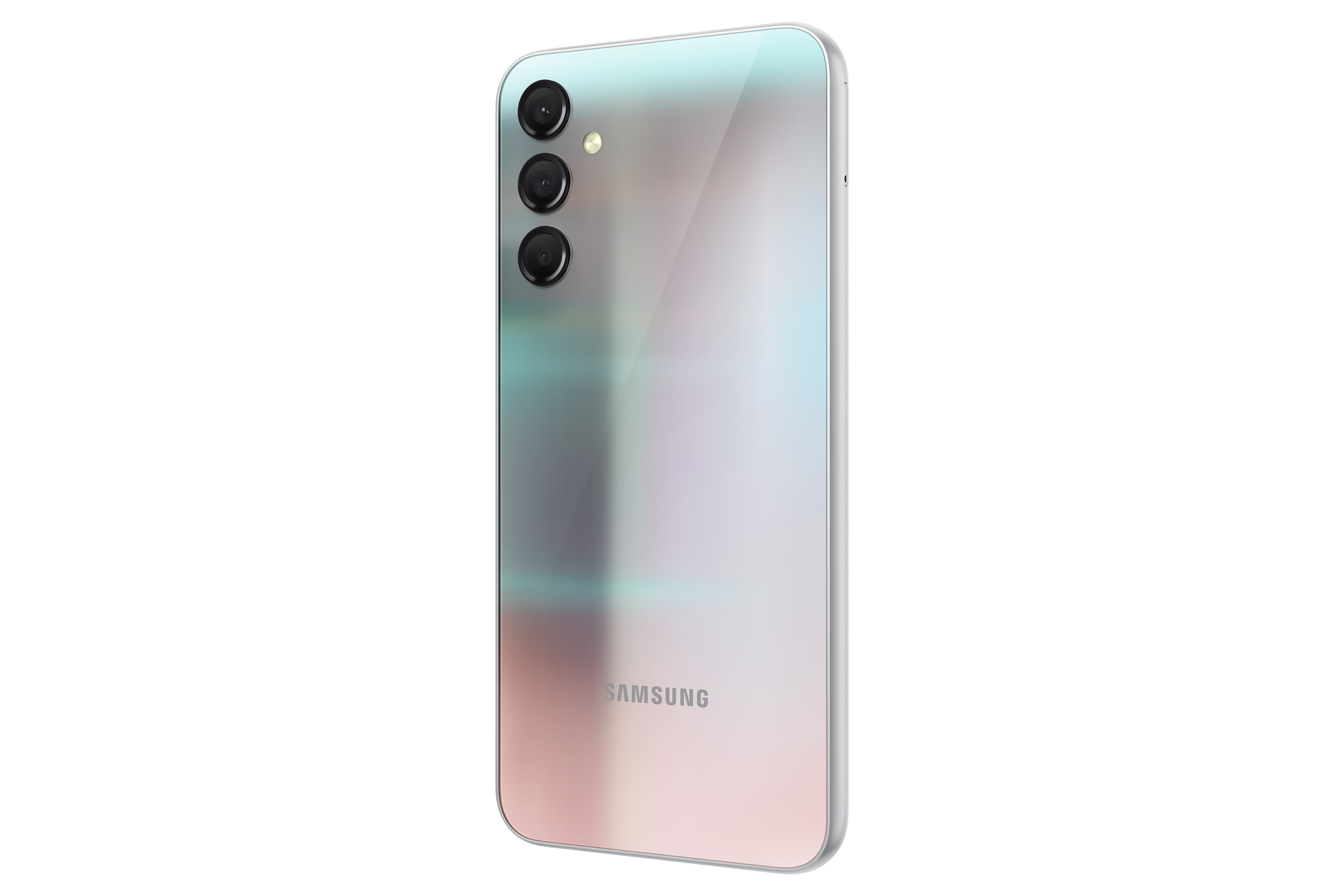 Gradyan arka yüzeye, üç kameraya ve marka adına sahip bir Samsung telefonun arka görünümü.