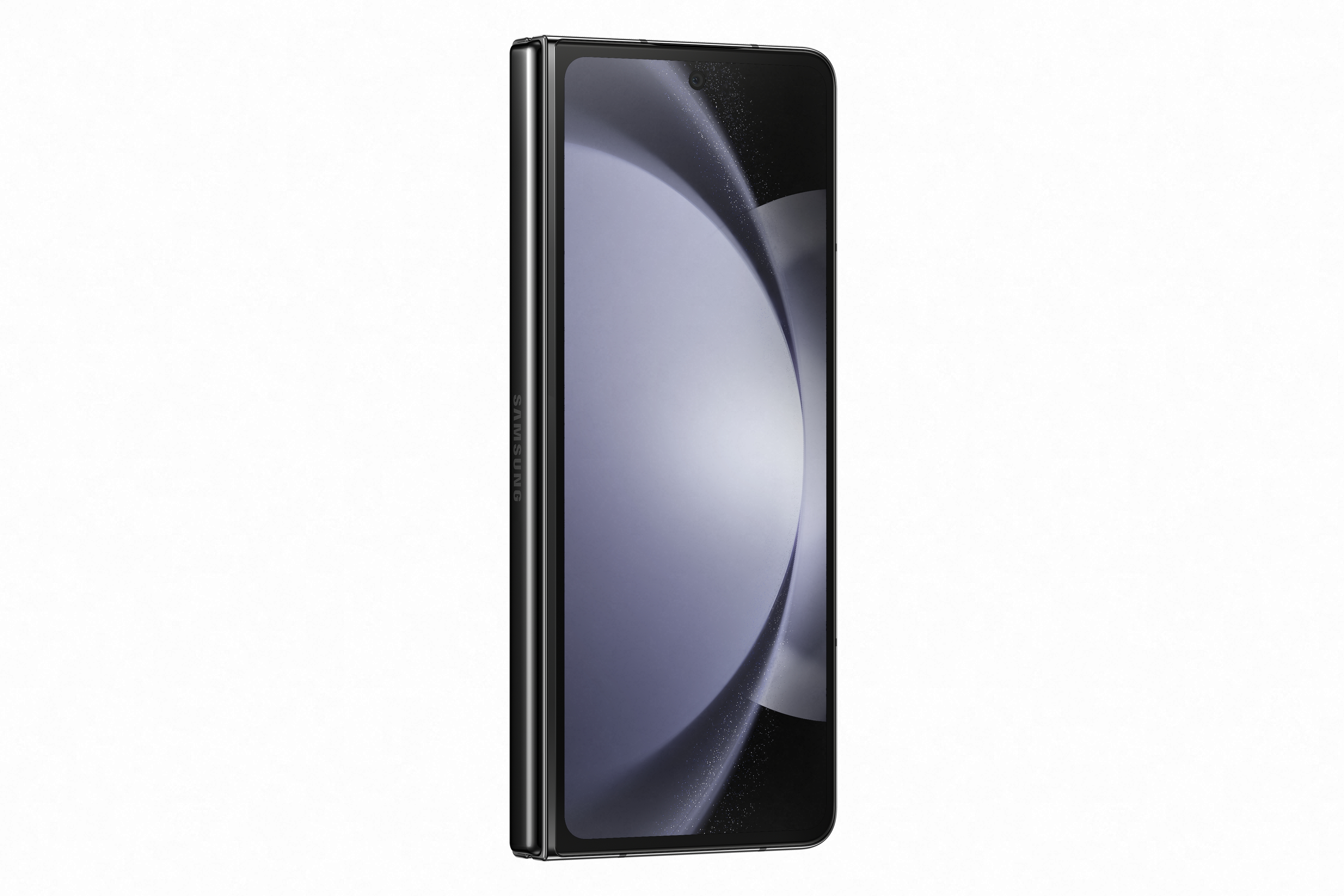 Siyah Samsung katlanabilir telefon, açık, ekran öne dönük. Siyah çerçeve, gri ekran.