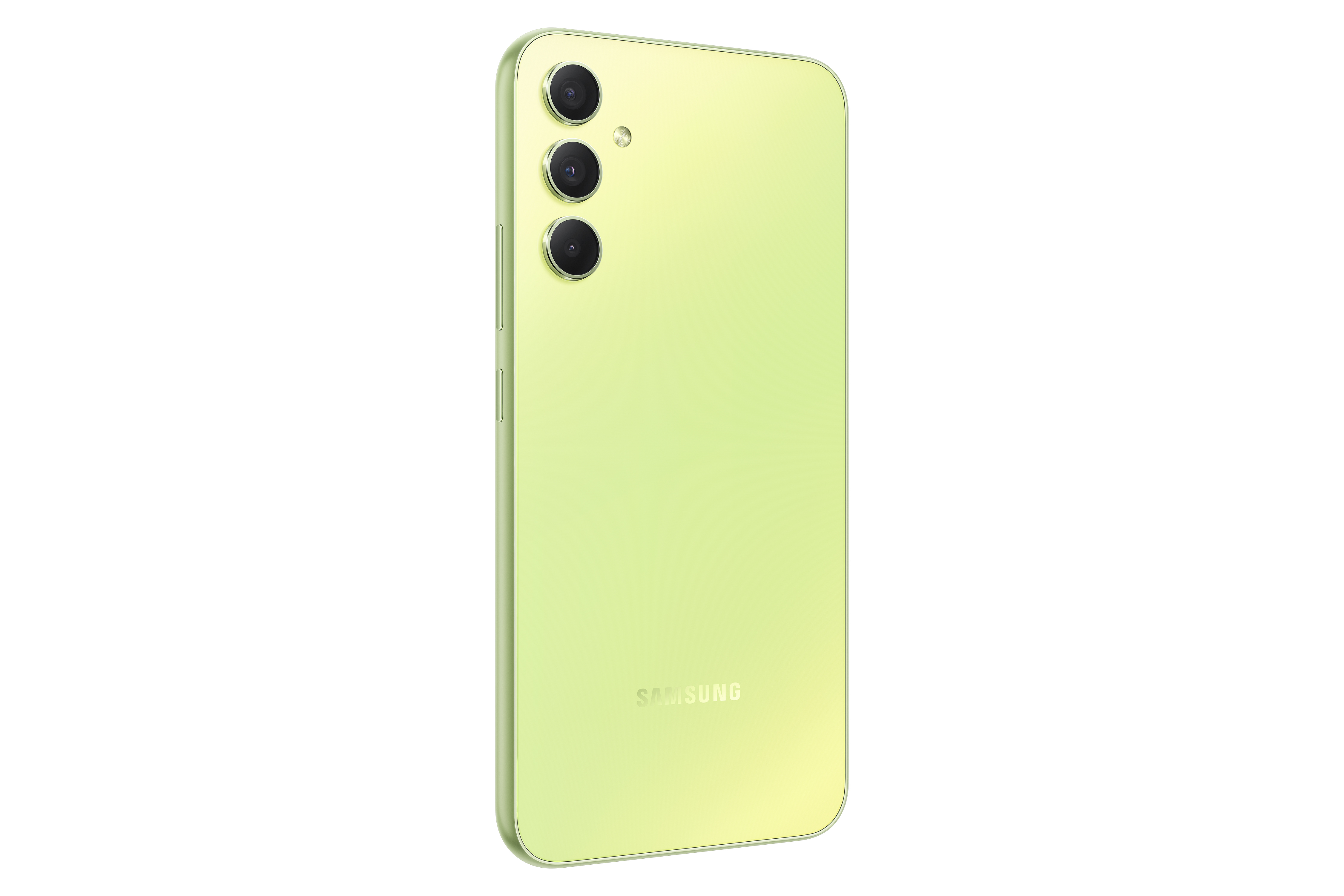Samsung logosunu ve üçlü kamera kurulumunu gösteren yeşil bir akıllı telefonun arkası.