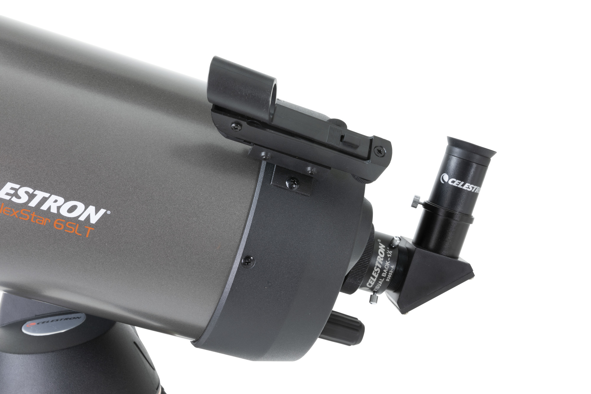 Celestron-Teleskop mit Text: Celestron NexStar 6SLT. Weißer Hintergrund.