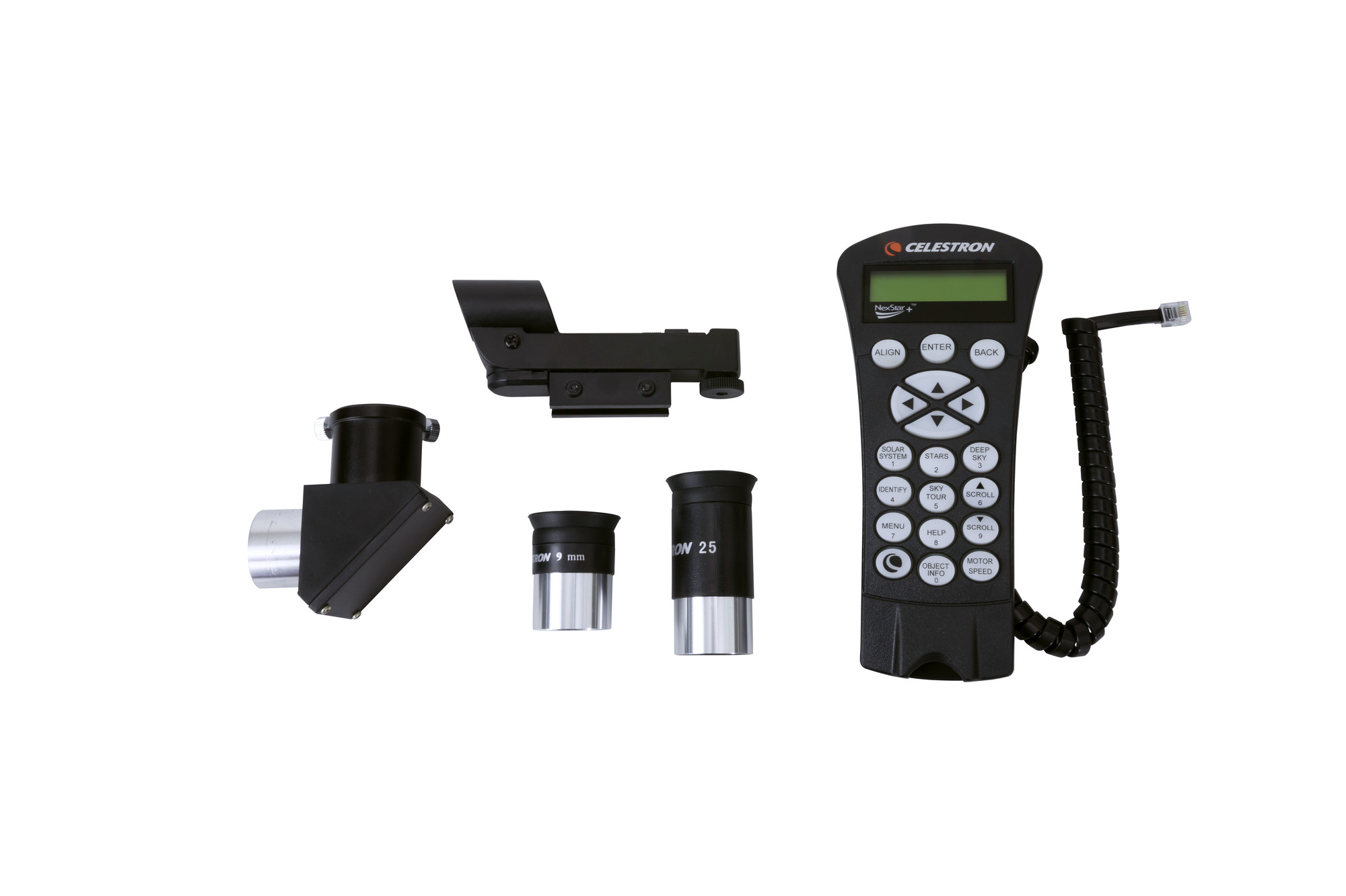 Ein Set von Teleskopzubehör auf weißem Hintergrund, einschließlich Okulare und Bedienelemente.