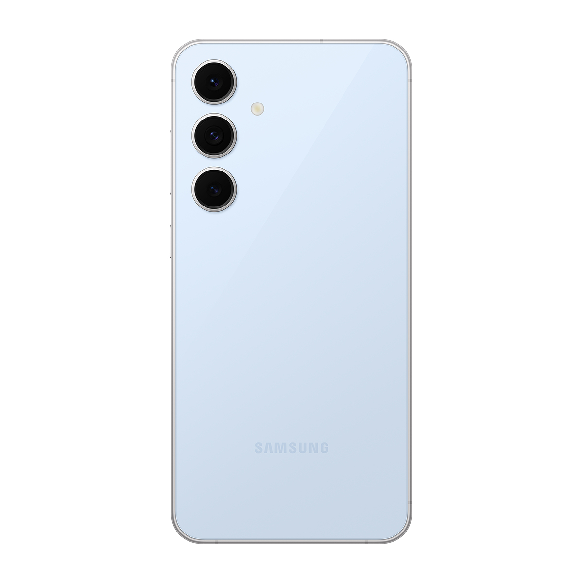 Arkasında üç kamerası olan açık mavi bir Samsung akıllı telefon.