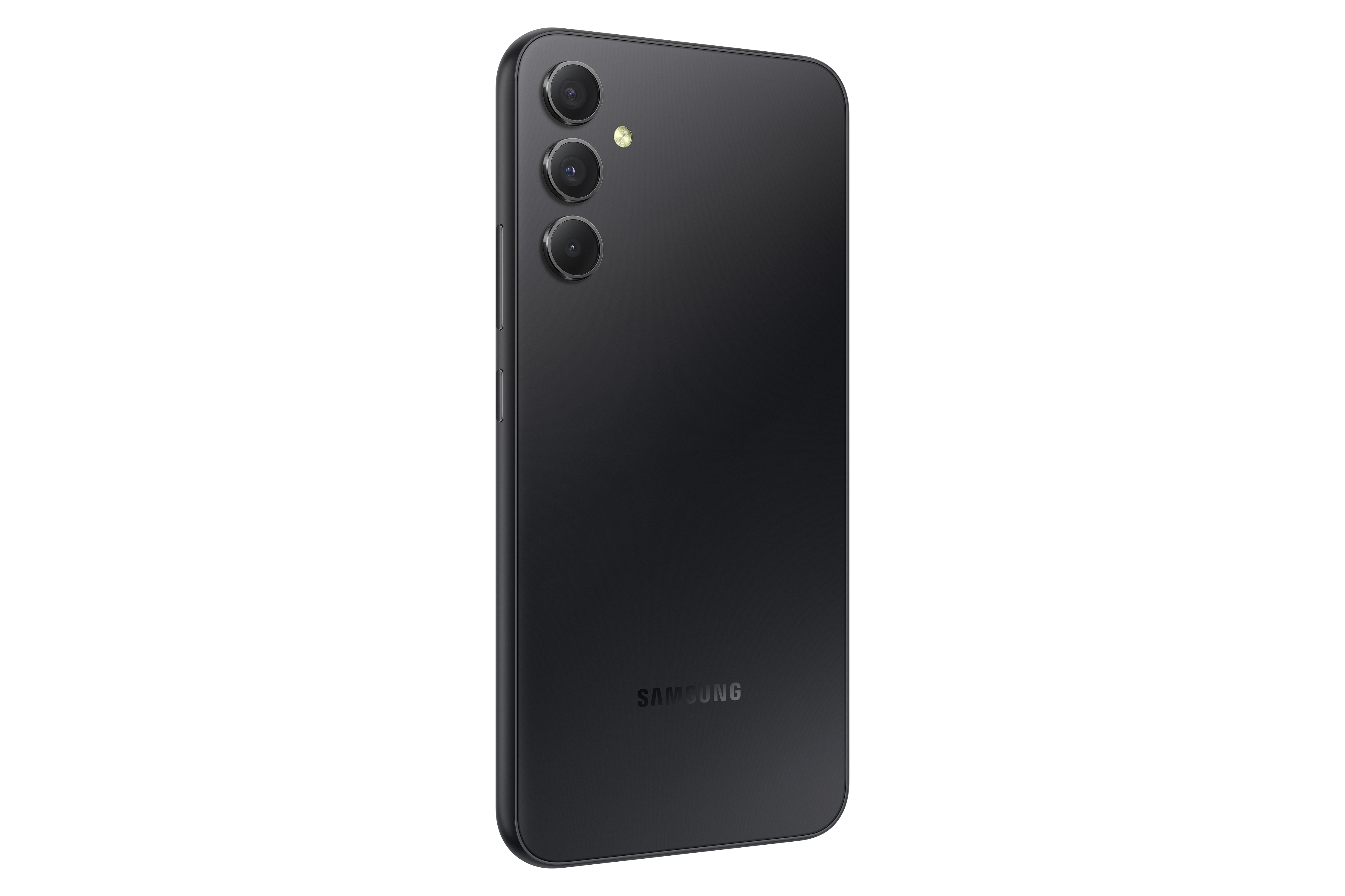 Siyah akıllı telefon, arka görünüm. Bir kamera ve Samsung logosu içerir.