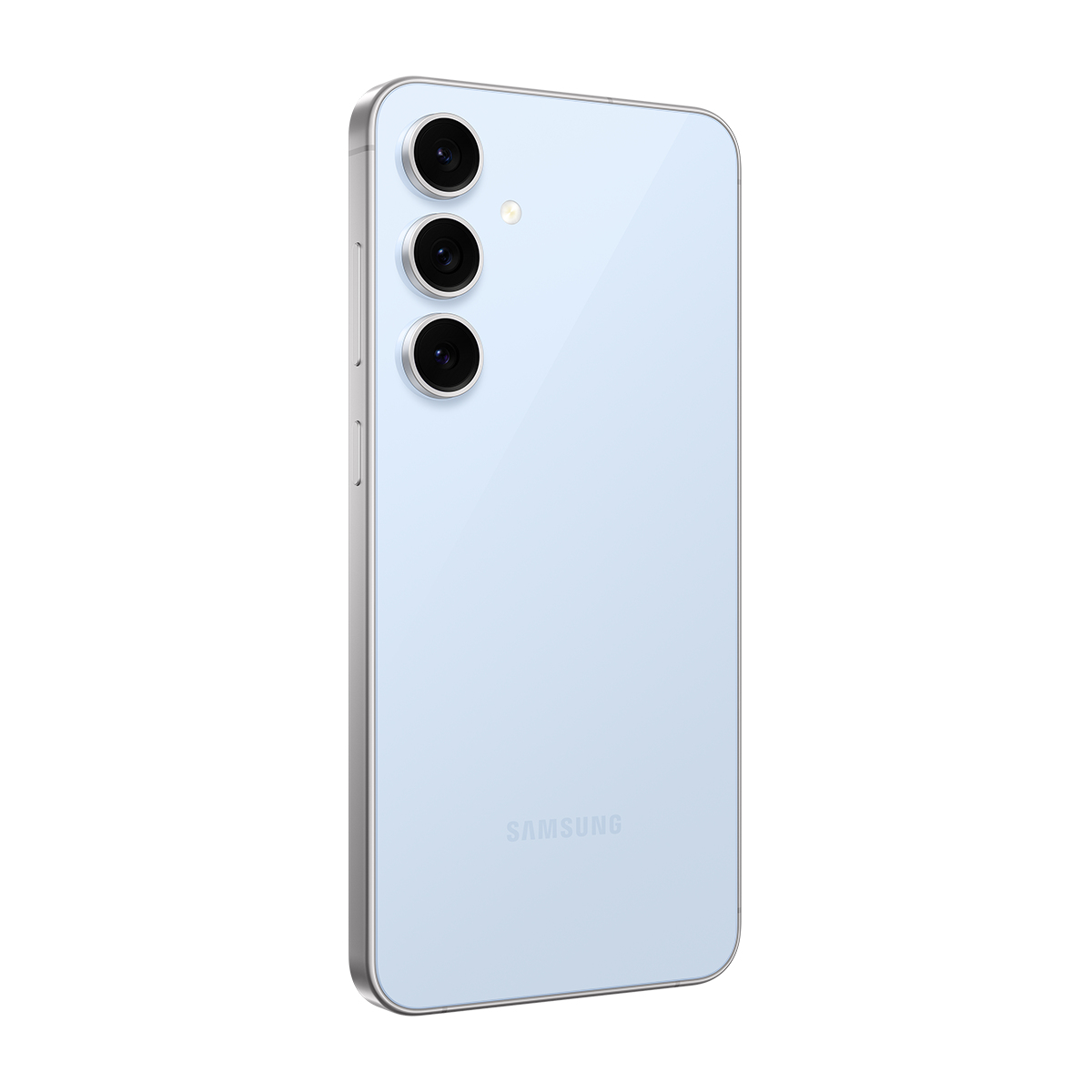 Açık mavi akıllı telefon, arka görünüm. Üç kamera, Samsung logosu. Gümüş çerçeve.