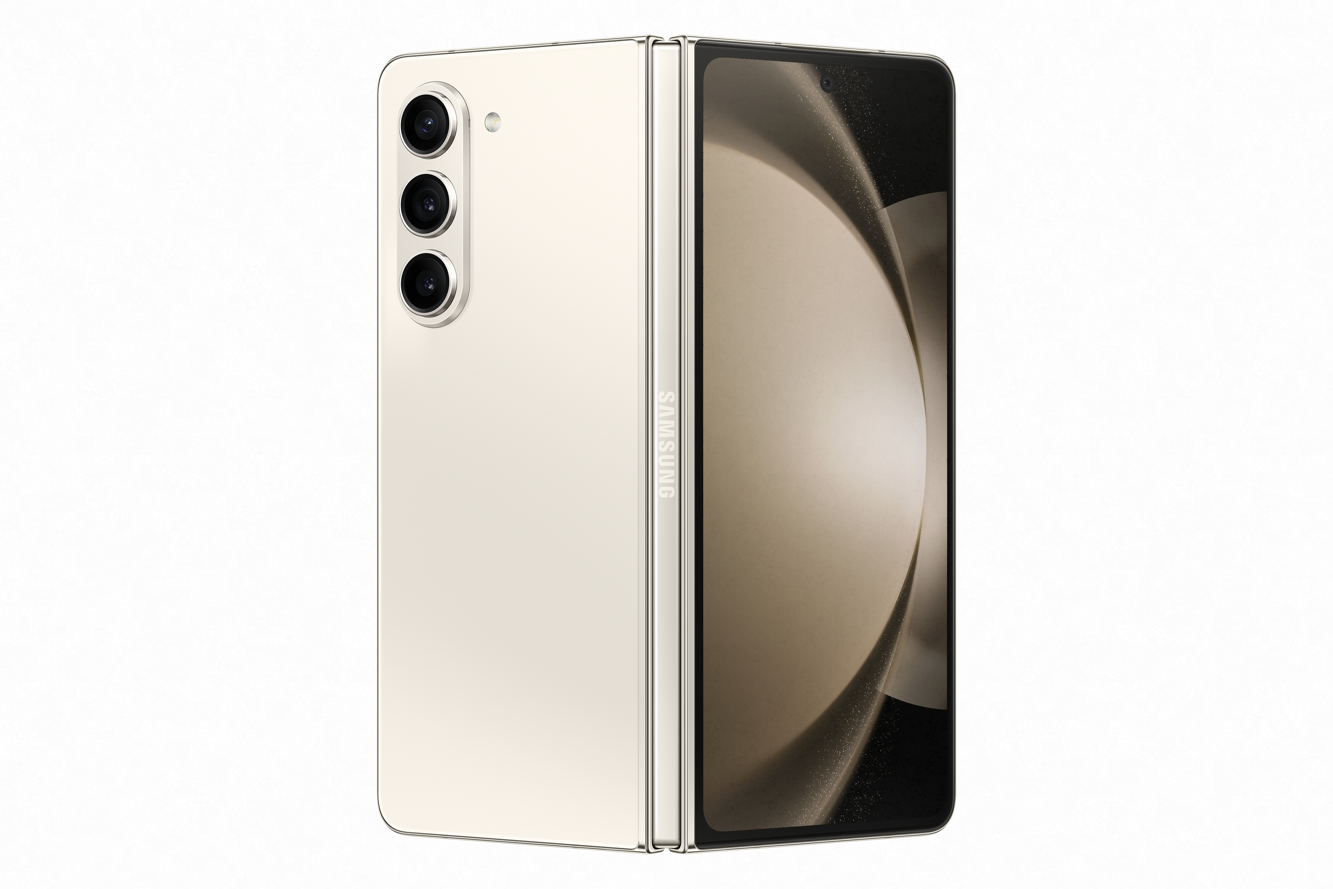 Katlanabilir bej telefon. Üç arka kamerası var ve Samsung logosu görülebilir.