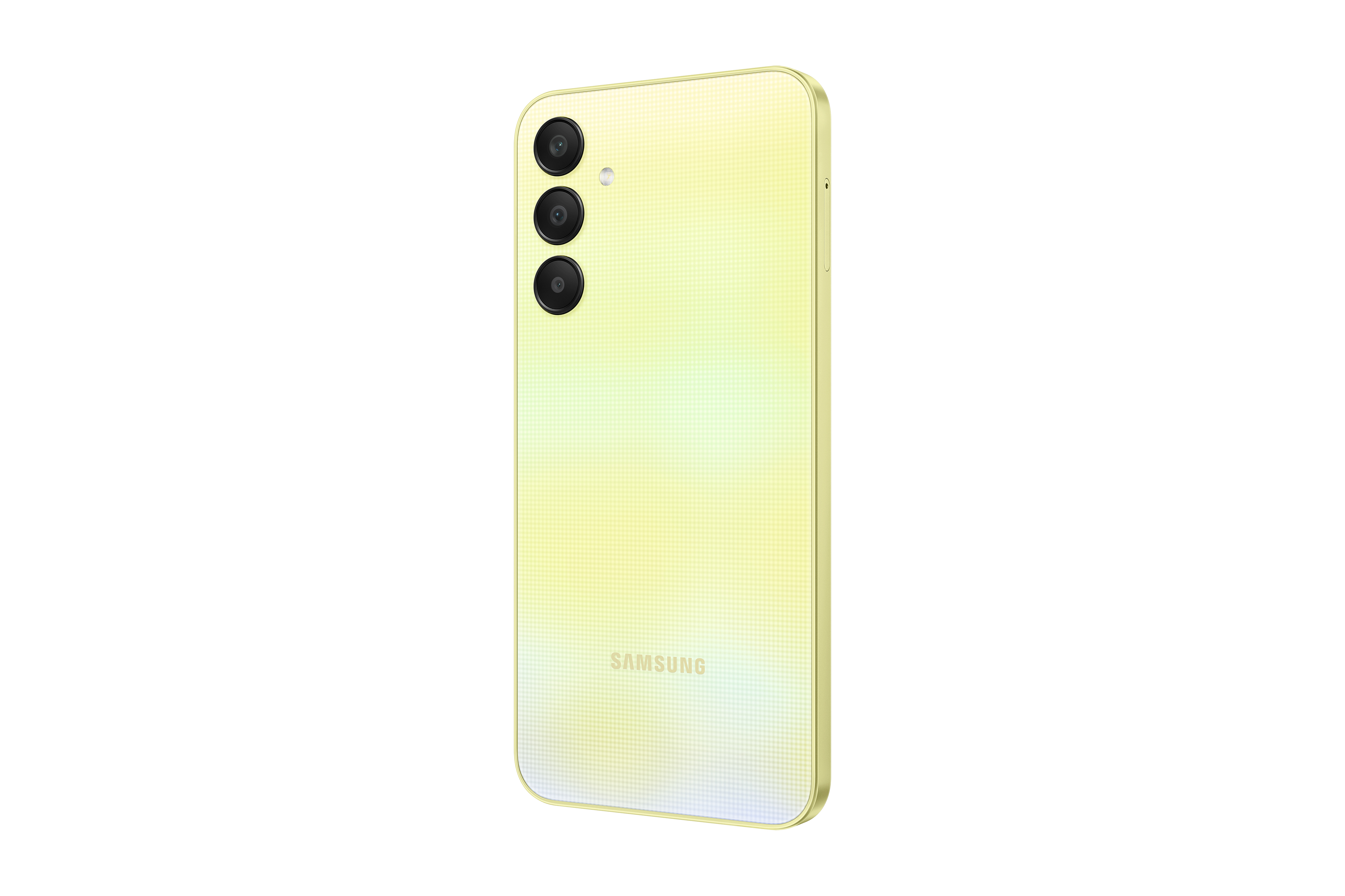 Beyaz arka plan üzerinde arka tarafında üçlü kamera kurulumuna sahip sarı Samsung akıllı telefon.