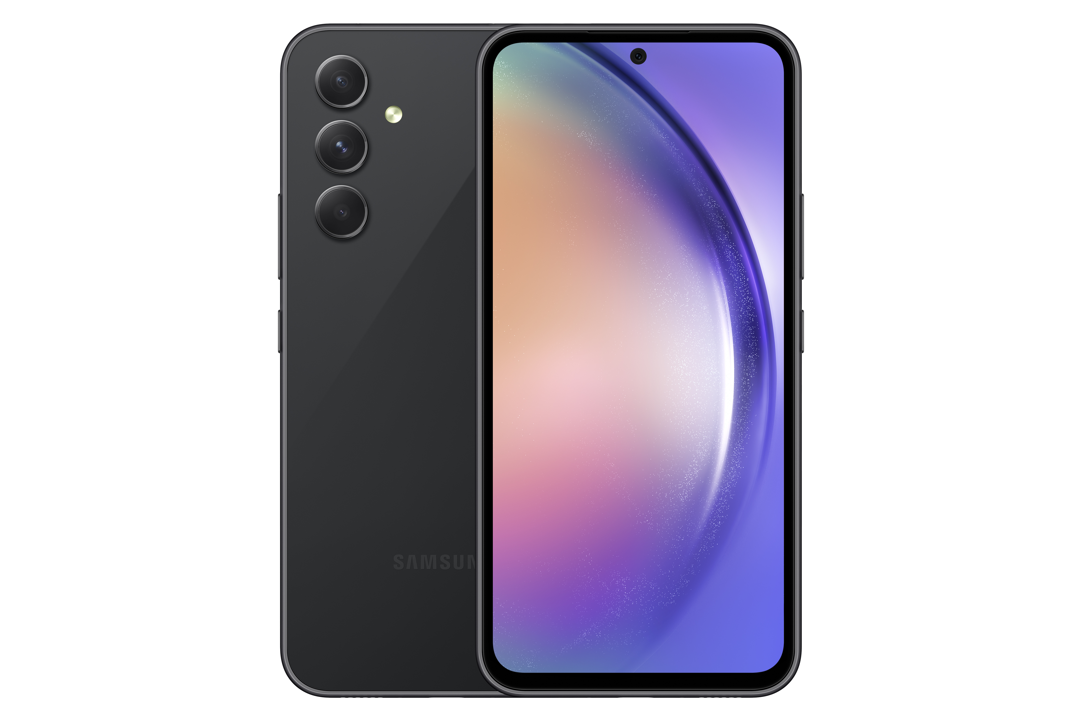 Üç arka kameralı siyah Samsung telefon. Ekran açık, bulanık bir desen gösteriyor.
