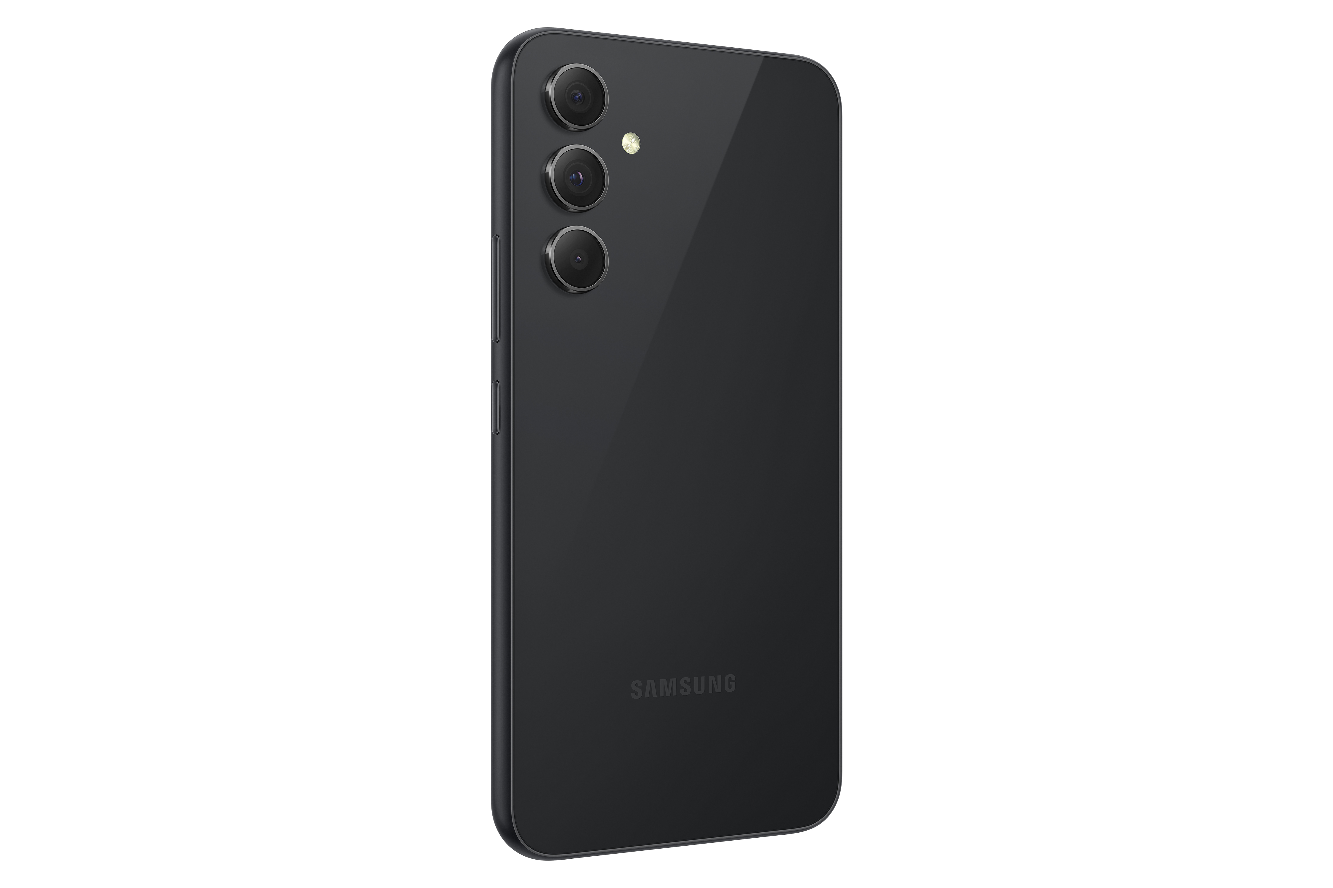 Siyah akıllı telefon, arka görünüm. Üç kamera, Samsung logosu. Şık tasarım.